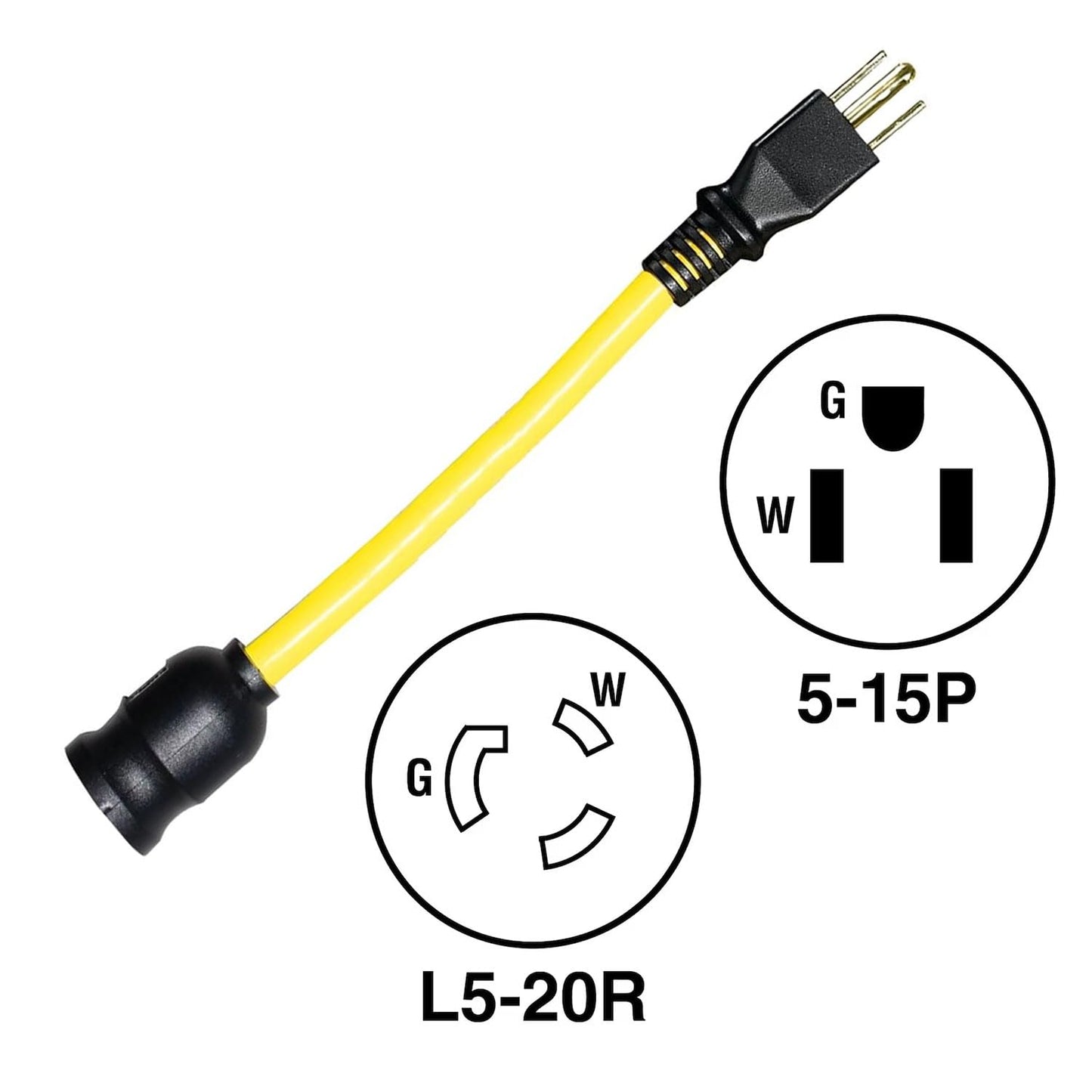 Adaptador Convertidor US Wire Amarillo Clima Frío 12 Pulgadas 20A a 15A y 15A a 20A 600V UL 12/3 Calibre