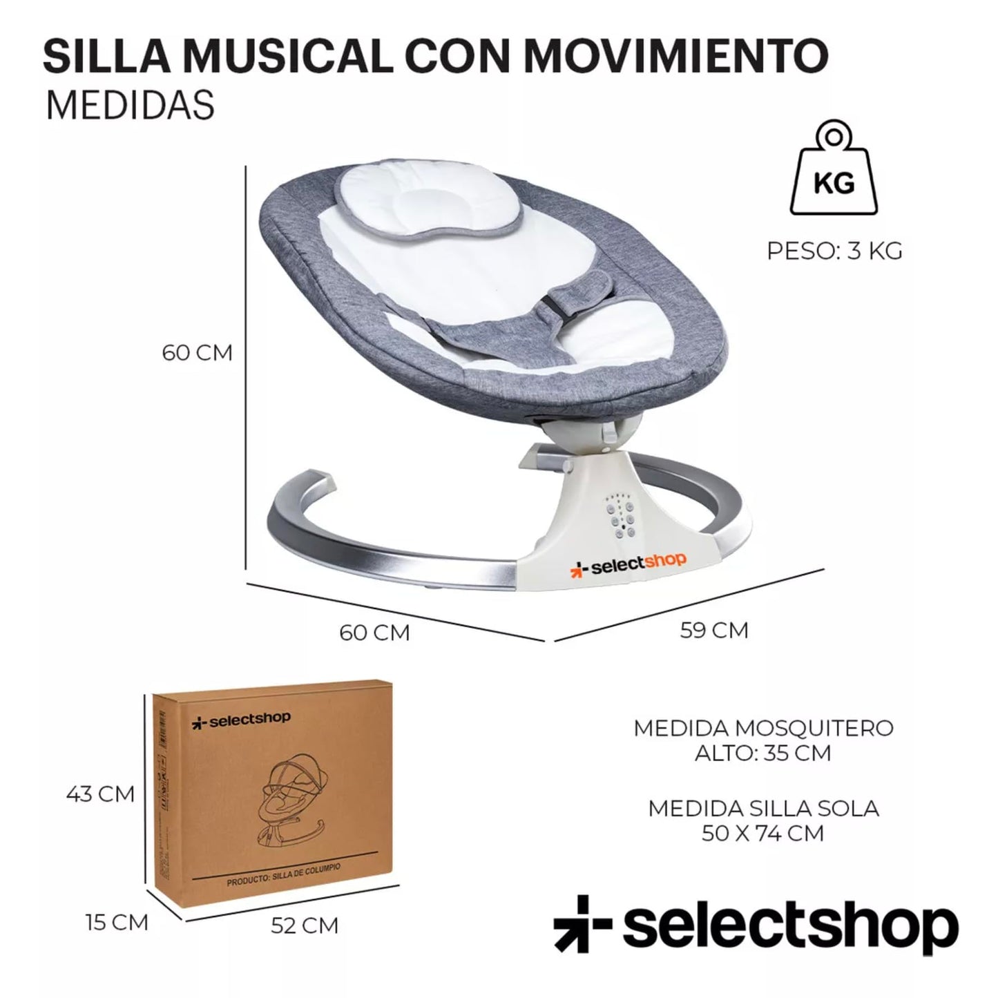 Mecedora Eléctrica SELECTSHOP Gris Multifuncional para Bebé