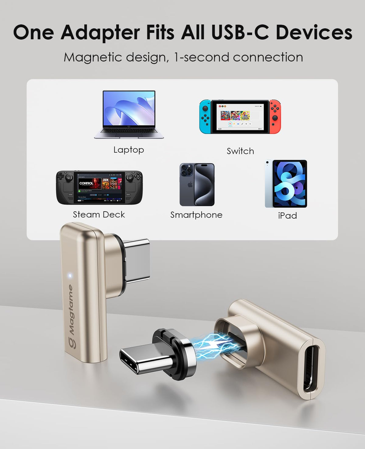 Adaptador USB C Magtame Ángulo Recto Magnético 240W 40Gbps 4K 2 en 1