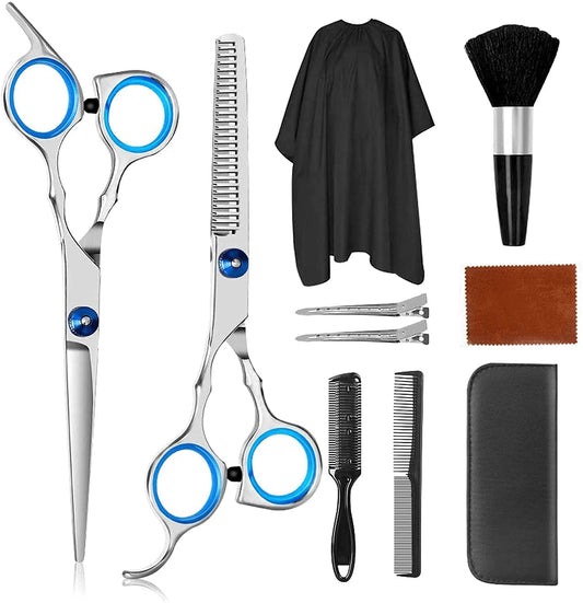 Tijeras de Peluquería Profesional,Juego de Tijeras de Pelo de Acero Inoxidable con Capa de Barbero y Peine, Tijeras para Cabello con Clip y Bolsa de Almacenamiento para Hogar, Eluquería, Set de Tijeras Cortar Pelo para Hombres y Mujeres
