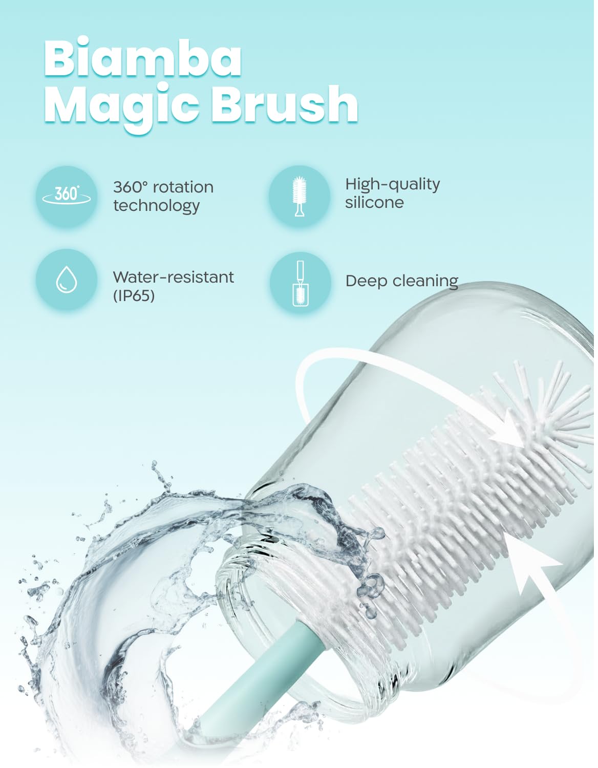 Biamba Magic Brush - Limpiador eléctrico para biberones con rotación de 360 grados, juego de limpiador de biberones con cabeza de silicona, recargable por USB, diseño resistente al agua, pezones y