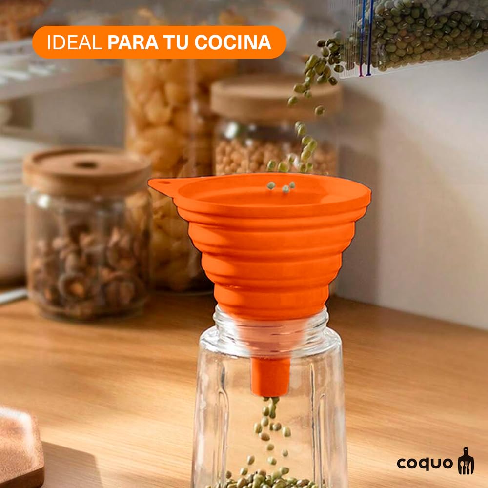 COQUO - Set 2 Piezas - Embudos Plegables de Silicón Calidad Premium (Naranja)