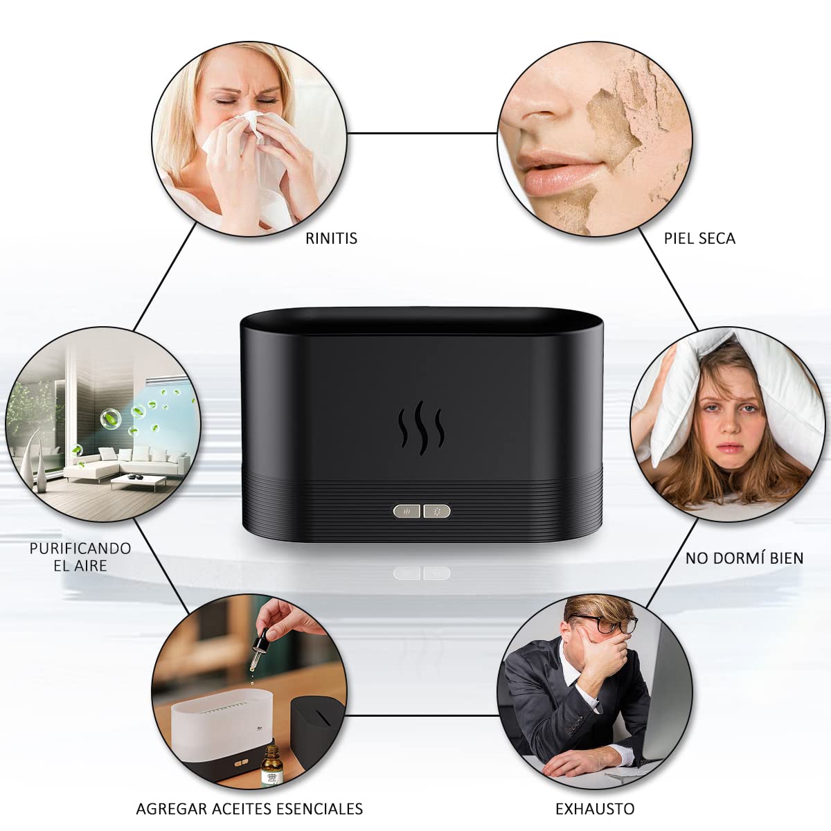 Humidificador VIDA4U En Forma de Llama con Difusor de Aceites y Luz Nocturna
