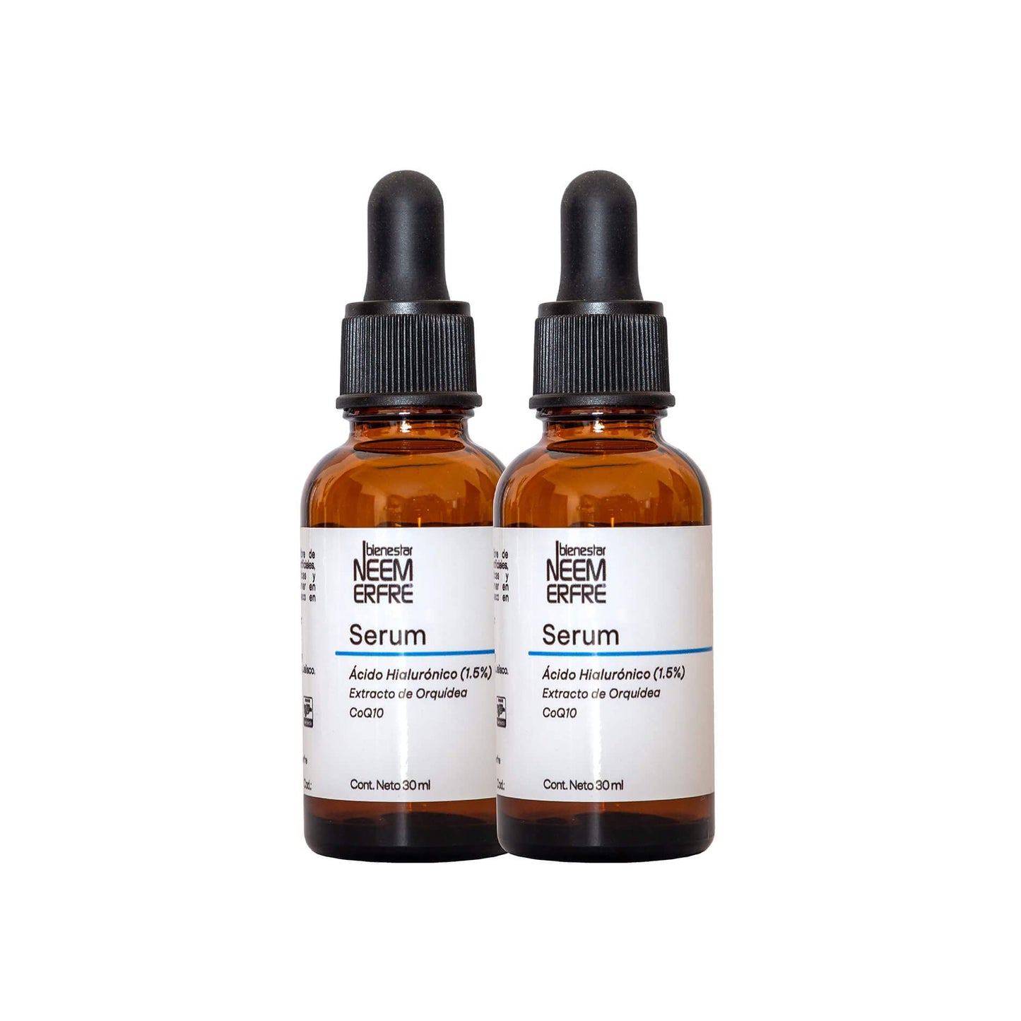 bienestar NEEM ERFRE Serum de Ácido Hialurónico al 1.5% + Coenzima Q10 + Escualano + extracto de orquídea | 93% ingredientes de origen natural | Hidrata y revitaliza tu piel, rápida absorción | 60ml (Paq de 2)