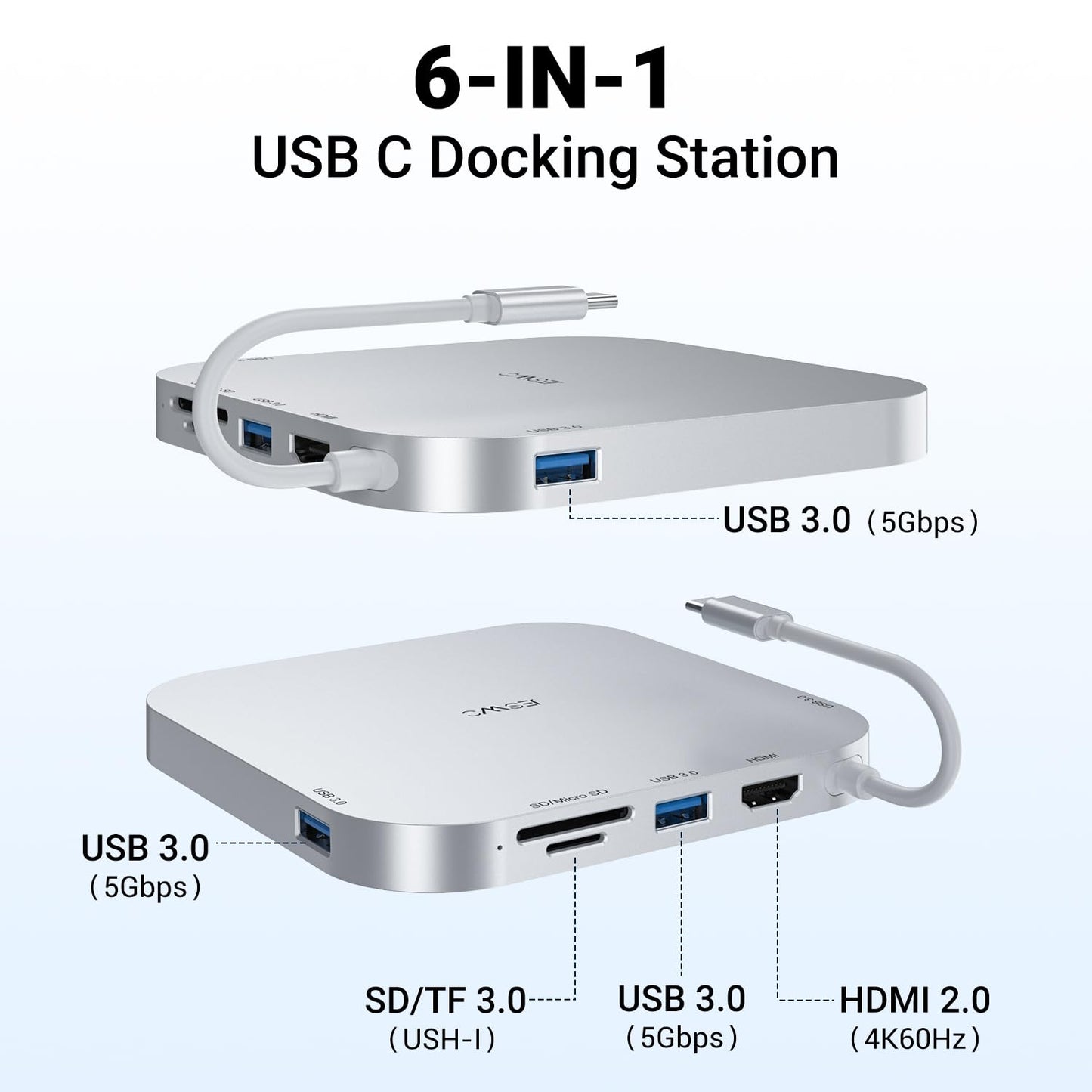 JESWO 6 en 1 Mac Mini M4 Hub para Mac Mini M4/Pro 2024 con HDMI 4K 60Hz, 3 Puertos USB 3.0, Lectores de Tarjetas Micro SD/SD