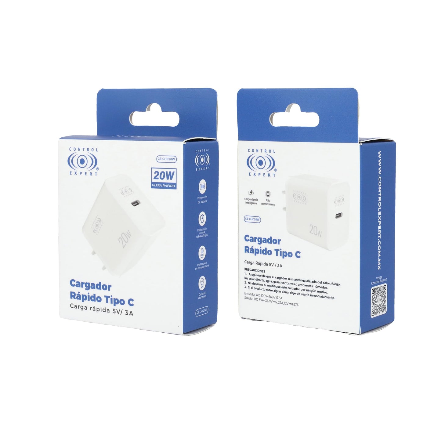 CONTROL EXPERT Cargador USB C 20W Portátil 5V 3A Carga Rápida (Blanco)