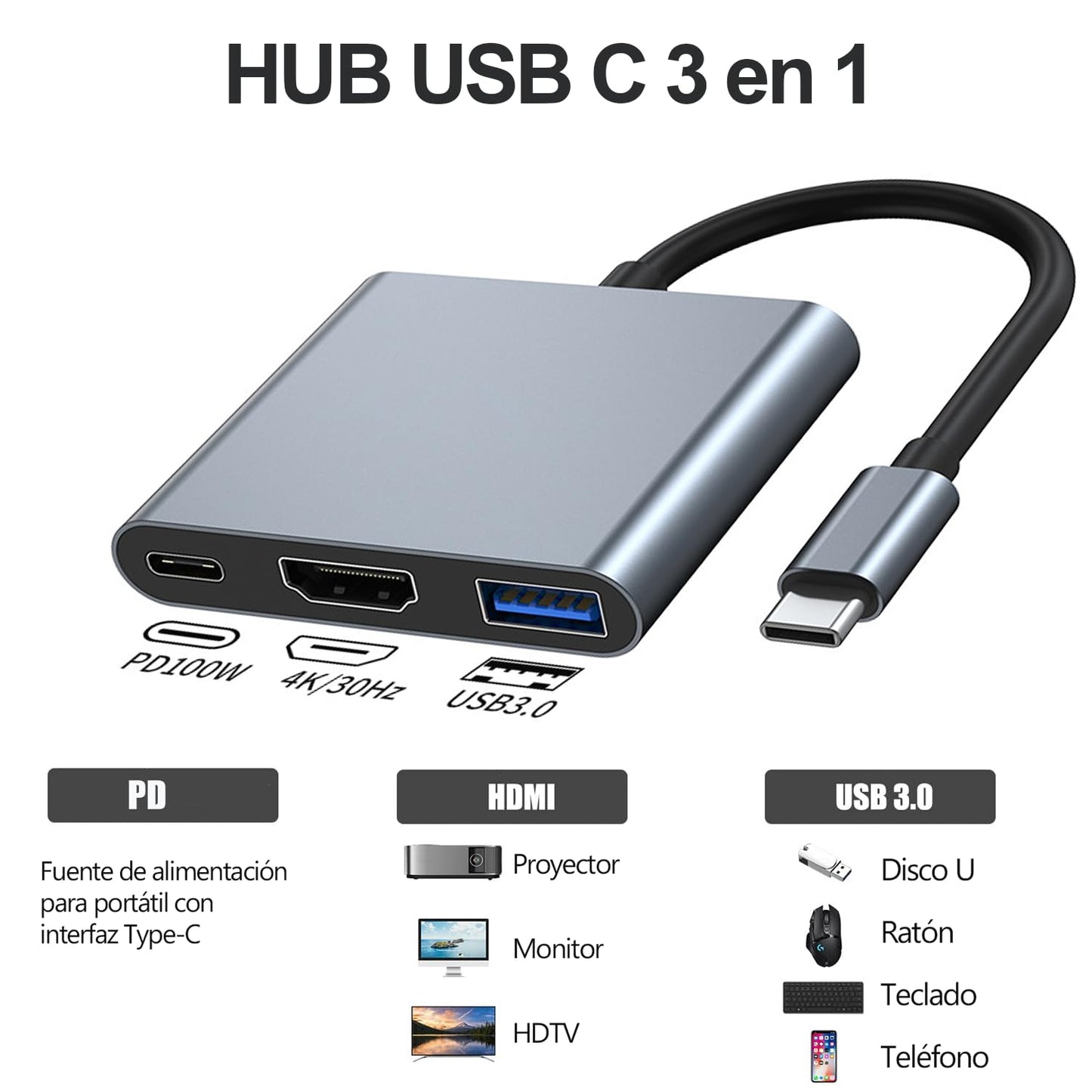 Adaptador USB C a HDMI 3 en 1 para MacBook Air Plata Compatible con Dispositivos Tipo C