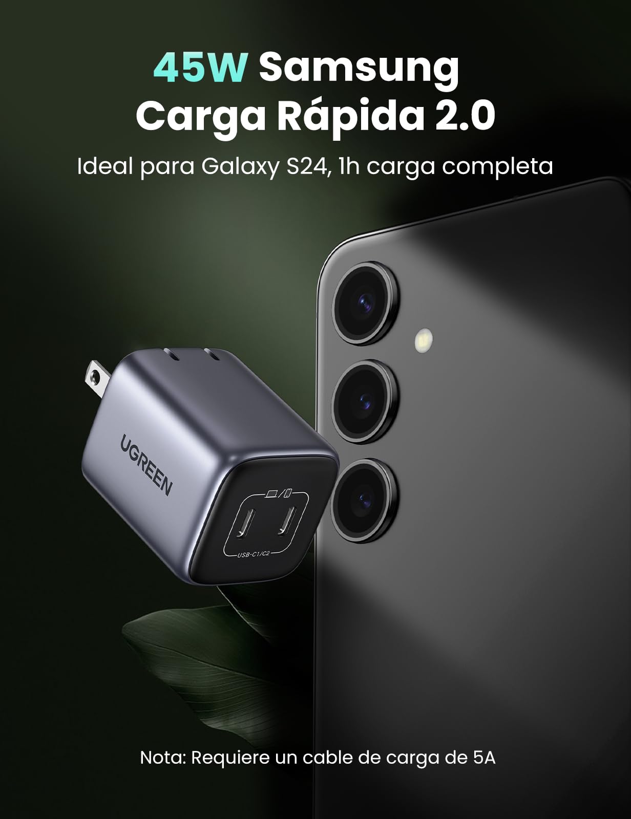 Cargador USB C UGREEN Nexode 45W GAN Blanco Carga Rápida Portátil
