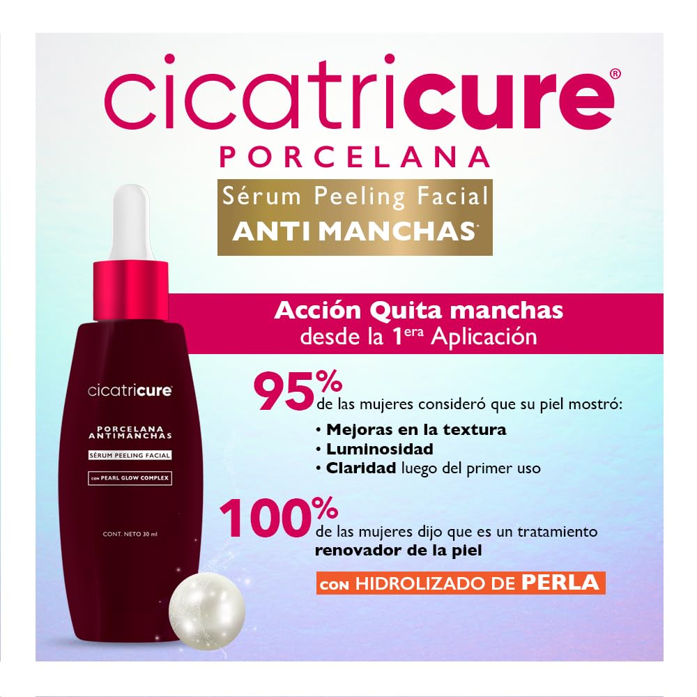 CICATRICURE - Porcelana Serum Peeling Facial. Efecto anti-manchas con hidrolizado de perla, mejora la textura, luminosidad y claridad de la piel. Uso para rostro y cuello, botella con 30ml