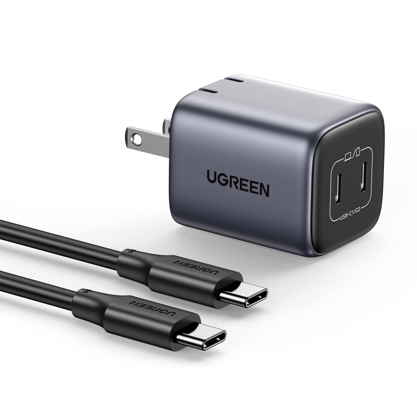 UGREEN Nexode 45W Cargador Tipo C GaN con Cable USB C 100W 1M, Gargador USB C 2 Puertos, Carga Rápida Cargador Portátil Compatible con Galaxy S25 S24 S23 Ultra, iPhone 15 14 Pro, MacBook Air, iPad Pro
