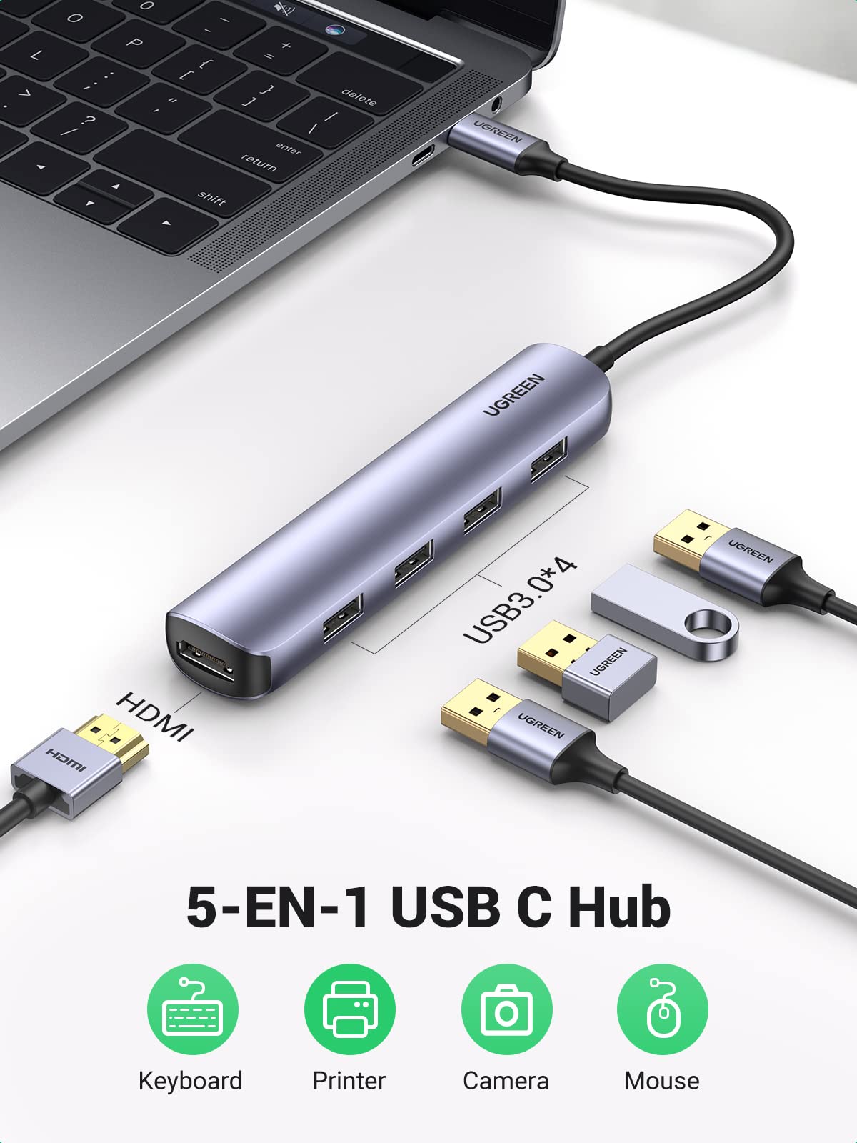 Adaptador USB C UGREEN Gris 5 en 1 con HDMI 4K y 4 Puertos USB 3.0 Compatible para MacBook Pro iPad y Galaxy Note