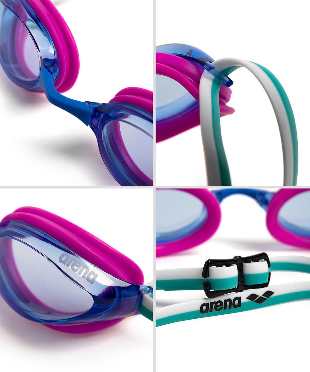 ARENA - anteojos de natación unisex de Python Racing para hombres y mujeres, lentes antivaho, sin espejo, máxima comodidad, doble correa, azul/fucsia/agua