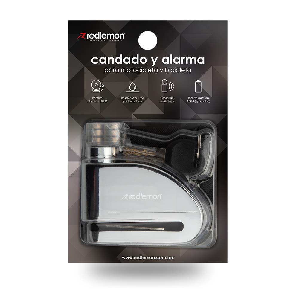 Redlemon - Candado para Bicicleta y Motocicleta con Alarma, Sensor de Movimiento, Seguro Antirrobo de Compatible con Vehículos con Llanta de Disco, Resistente a Salpicaduras