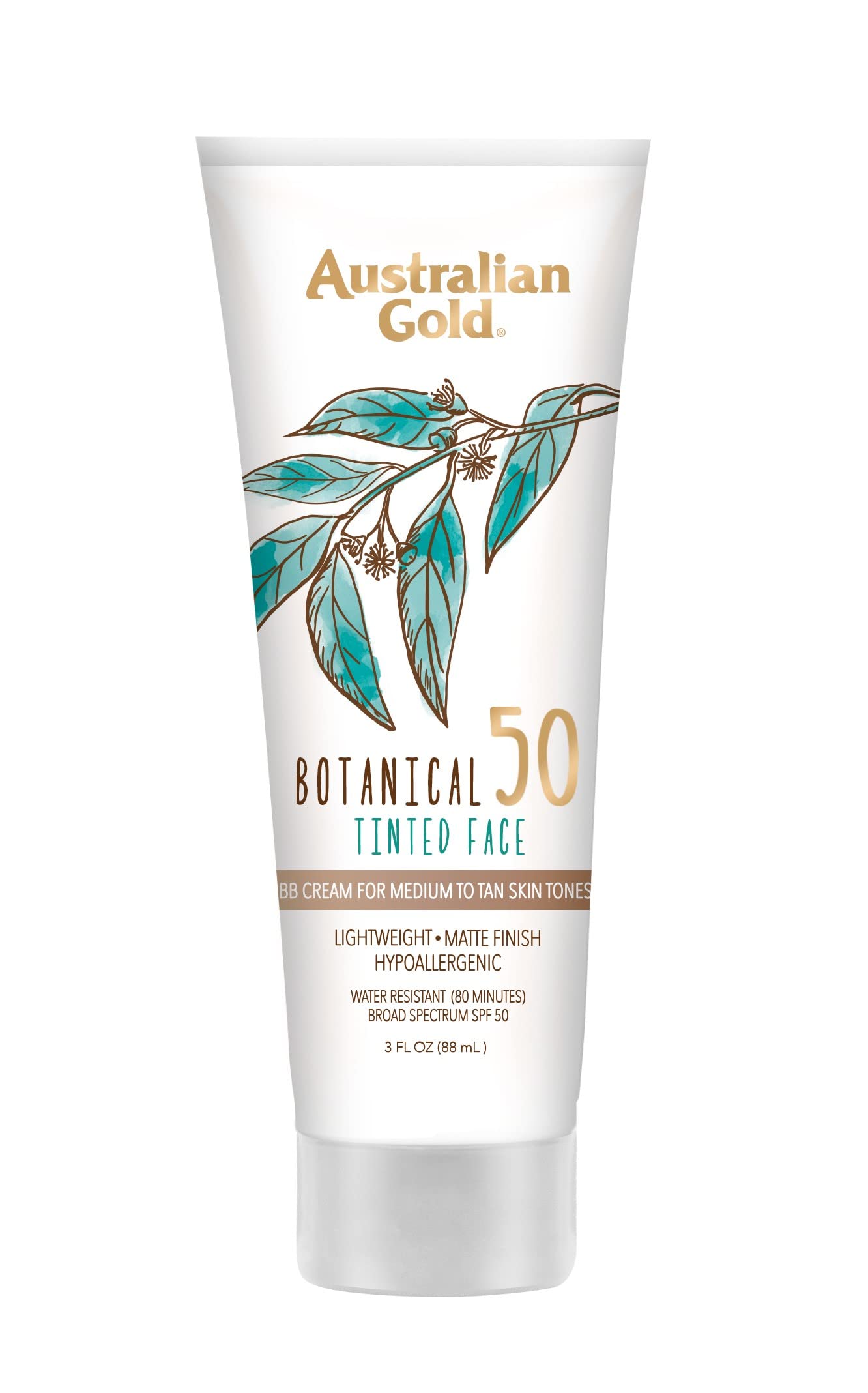 AUSTRALIAN GOLD Botanical SPF 50 Tinted Face Sunscreen Lotion - Medium to Tan 3 fl oz (89 ml) Loción Protector Solar facial con color SPF 50 de Botanical - Bronceado medio a bronceado