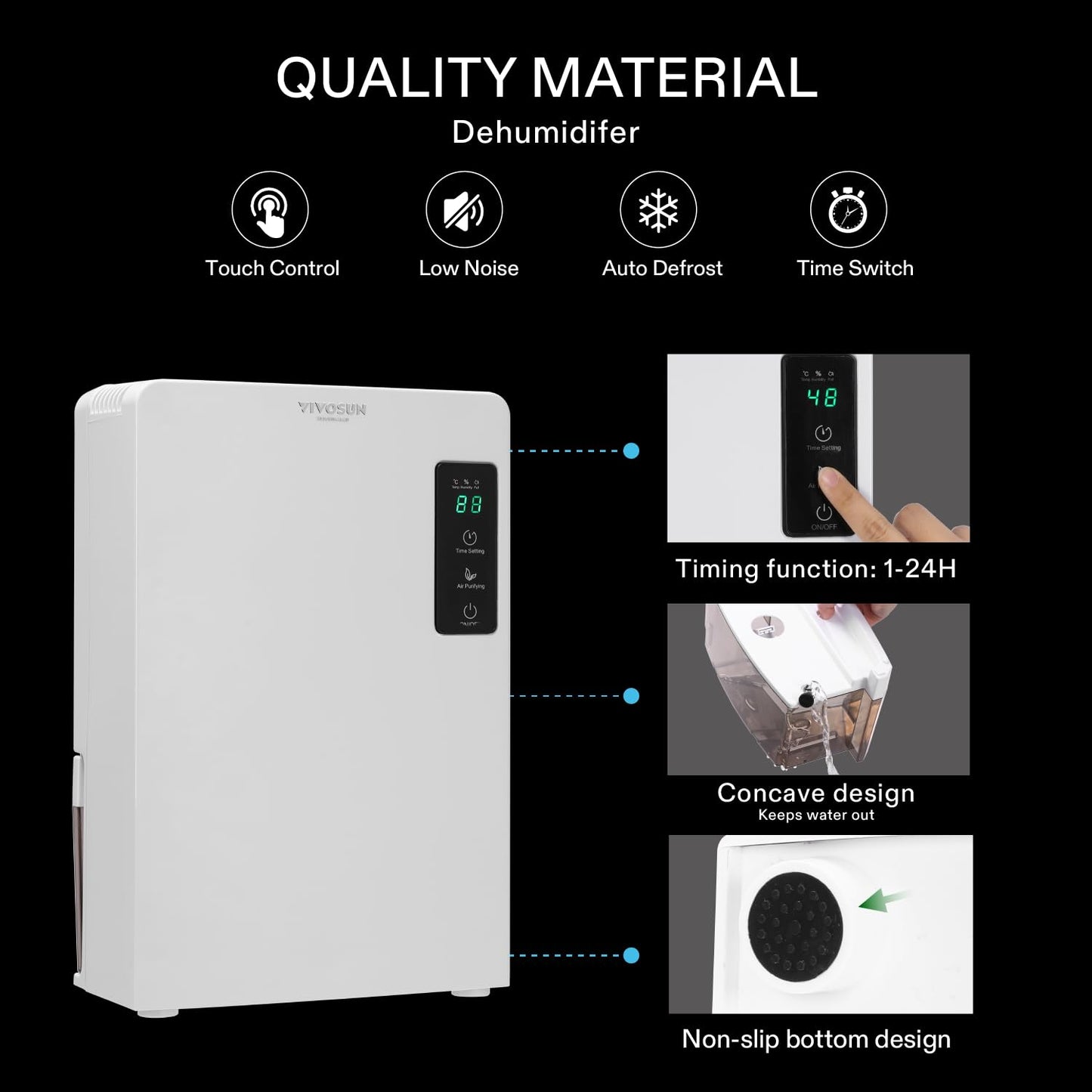 Deshumidificador Eléctrico VIVOSUN Blanco Ultra Silencioso con Temporizador y Tanque 2200 ml para Sótano o Armarios