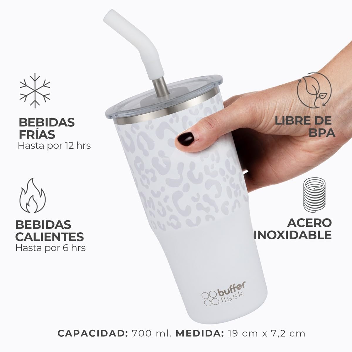 Buffer Flask - Vaso Térmico 700 ml - Termo para Café y Agua de Acero Inoxidable - Tapa Anti Derrame y Fugas - Taza Tumbler Mug para Bebidas Frías y Calientes - Incluye Popote - Color Leopardo Blanco