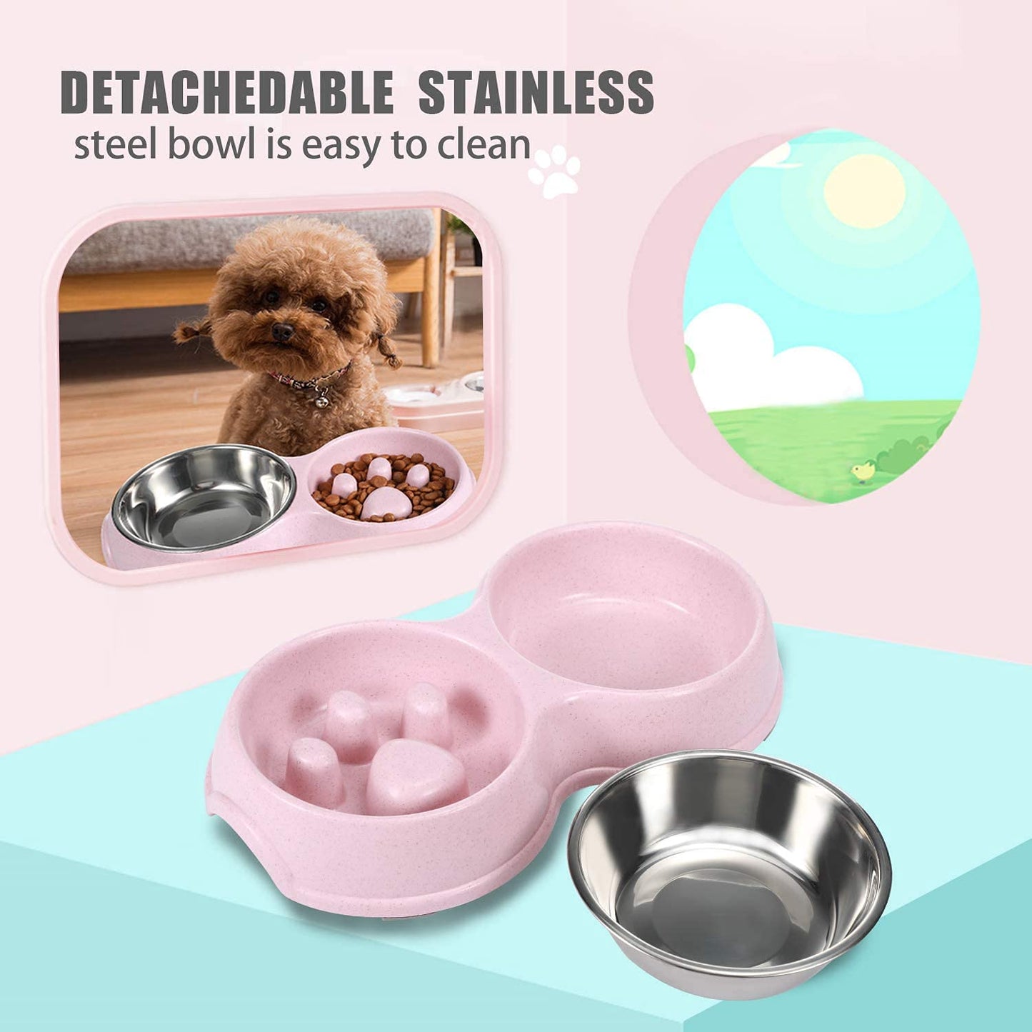 FUXINGONE Comedero para Perros y Gato, Platos para Mascota de Acero Inoxidable con tapete Antideslizante, Tazones Dobles para Agua y Comida, para Perros y Gatos (Rosa)