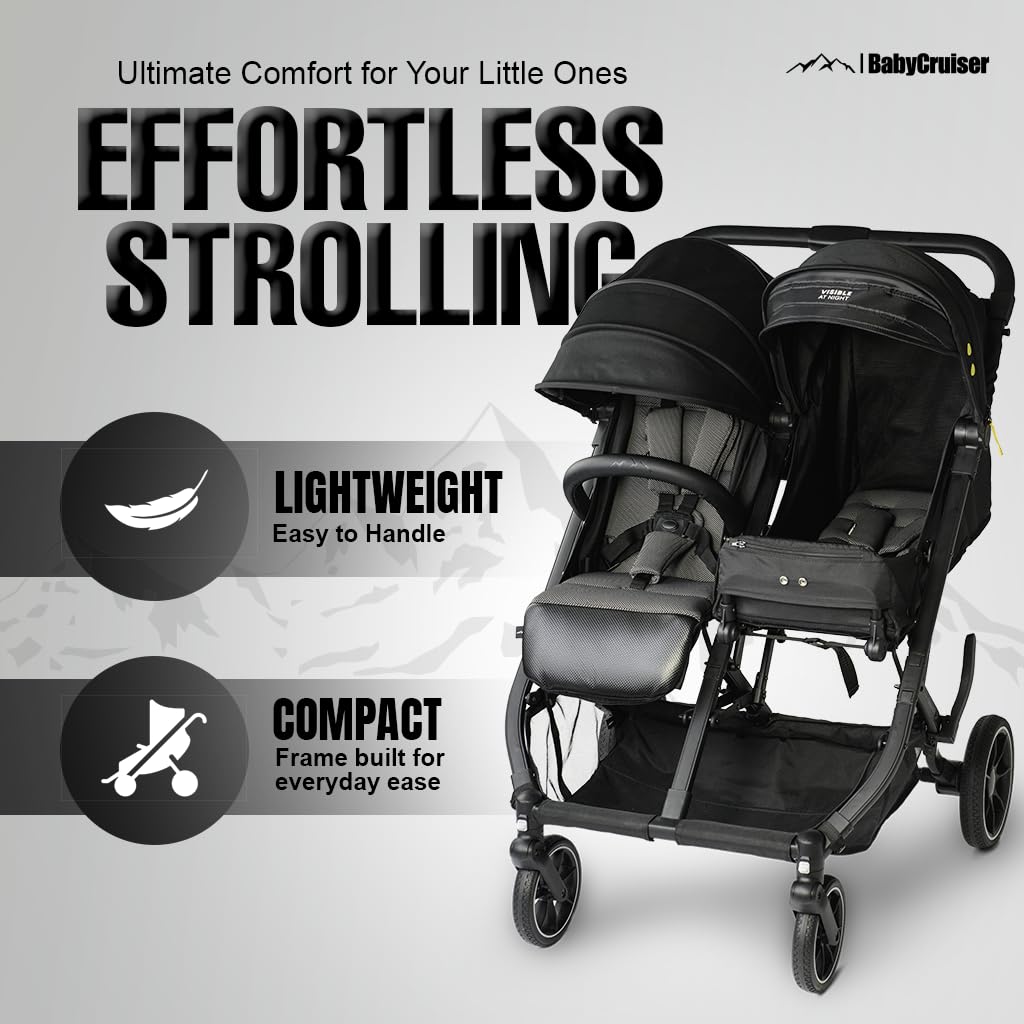 BabyCruiser - carriola doble para recién nacidos y niños pequeños, ruedas giratorias, plegado con una mano, tamaño compacto, ligero y doble carriola desde el nacimiento hasta 40 libras por asiento