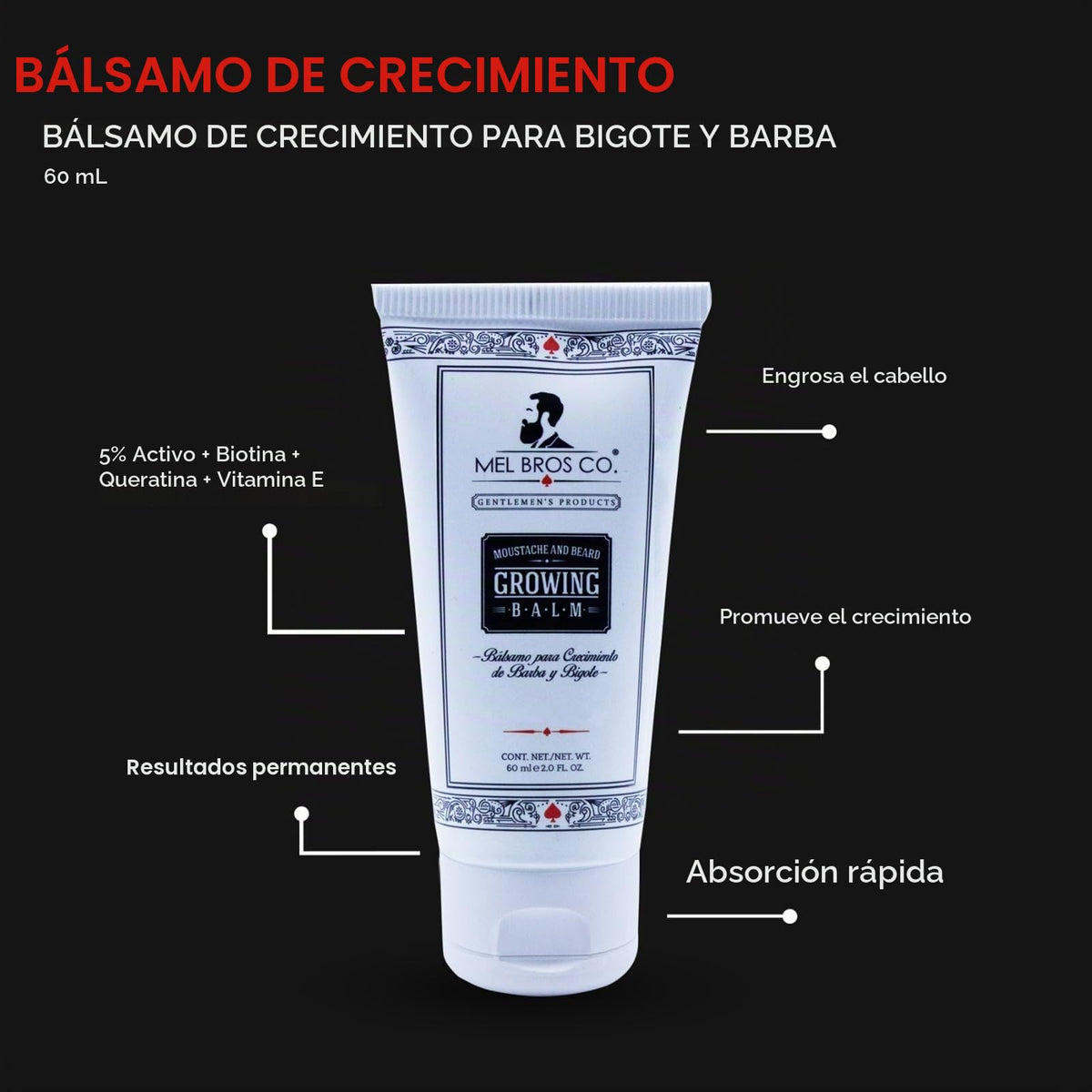 Bálsamo para Crecimiento de Barba y Bigote Mel Bros Co 2oz Biotina y Queratina