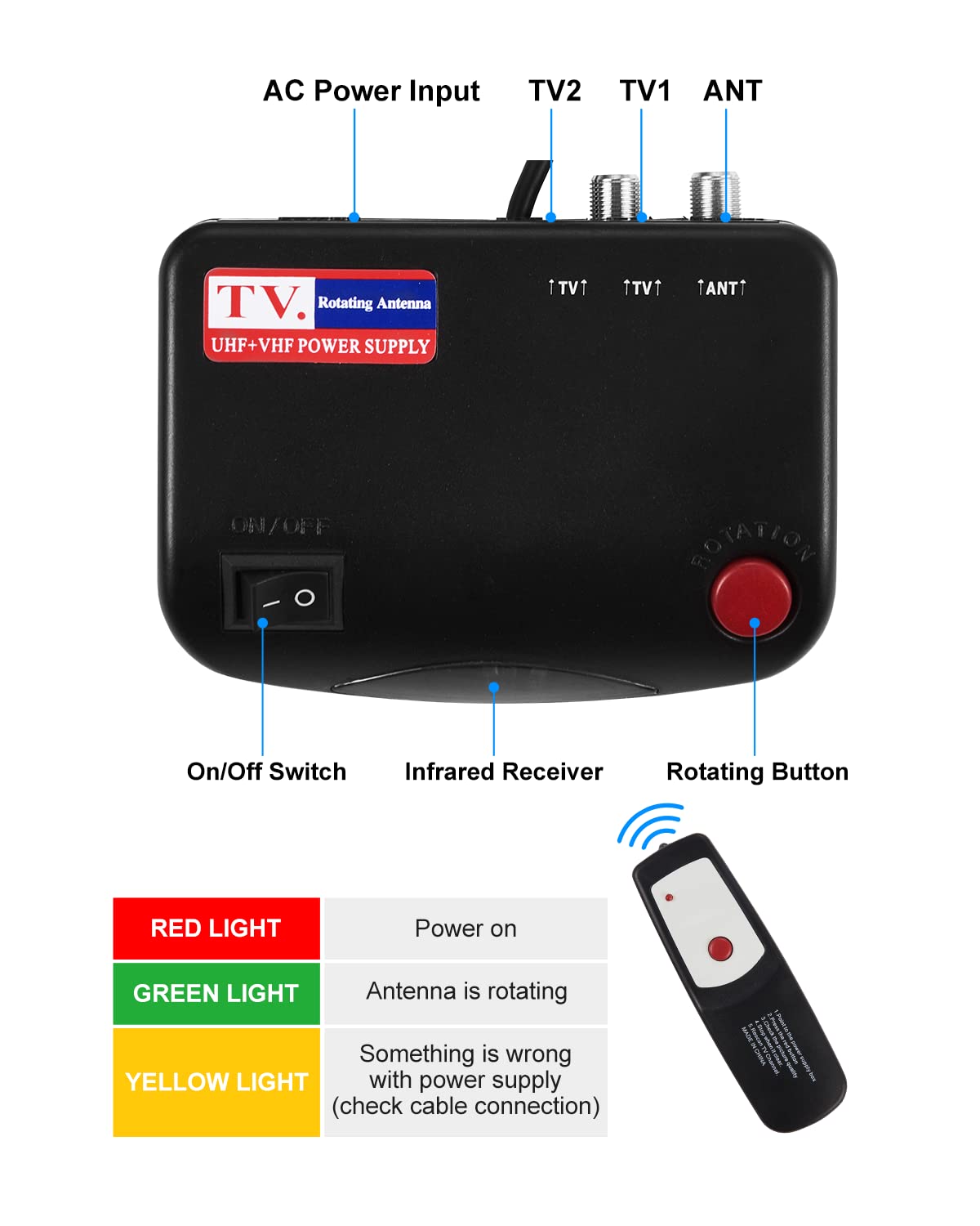 Yeceny - Antena de TV para exteriores, antena de TV HD amplificada digital y cable coaxial RG6 de 60 pies, control remoto inalámbrico de largo alcance de 200 millas con rotación de 360 grados, soporte