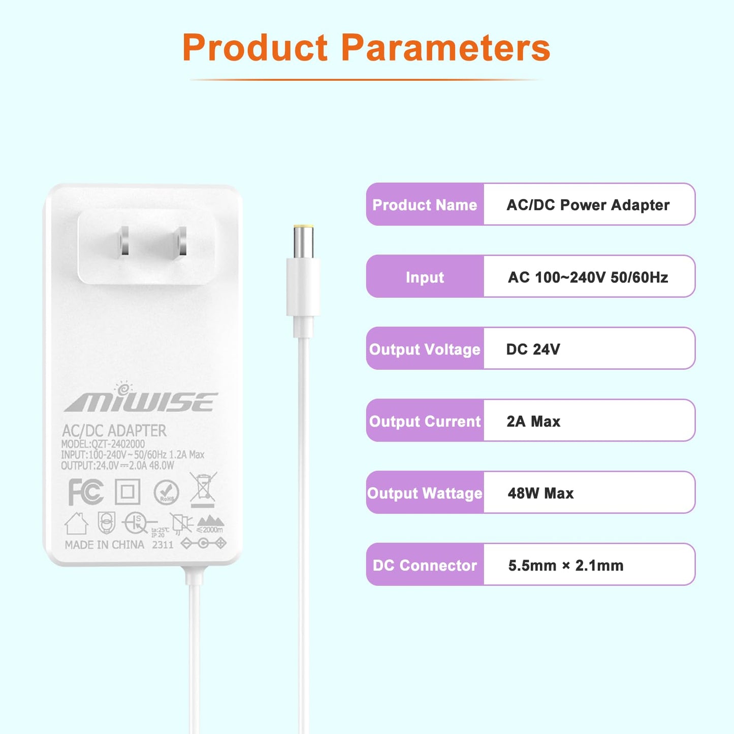 Adaptador de Fuente de Alimentación DC24 2A 48W MIWISE Blanco Convertidor AC a DC para COB LED Strip y Cámara CCTV Enchufe de EE. UU.