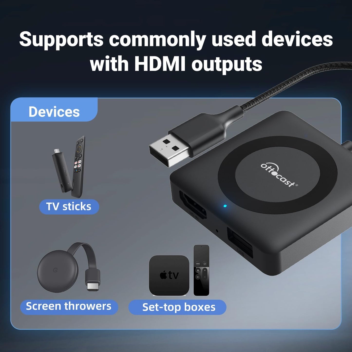 Adaptador CarPlay Inalámbrico OTTOCAST Negro Convertidor Fire TV Stick para Autos con CarPlay de Fábrica