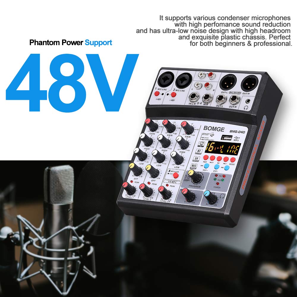 BOMGE 04D portátil Bluetooth 4 canales DJ mezclador de sonido de audio con interfaz USB, entrada de alimentación Phantom de 48 V, 16 efectos de eco para grabación, transmisión en vivo, canto (negro)