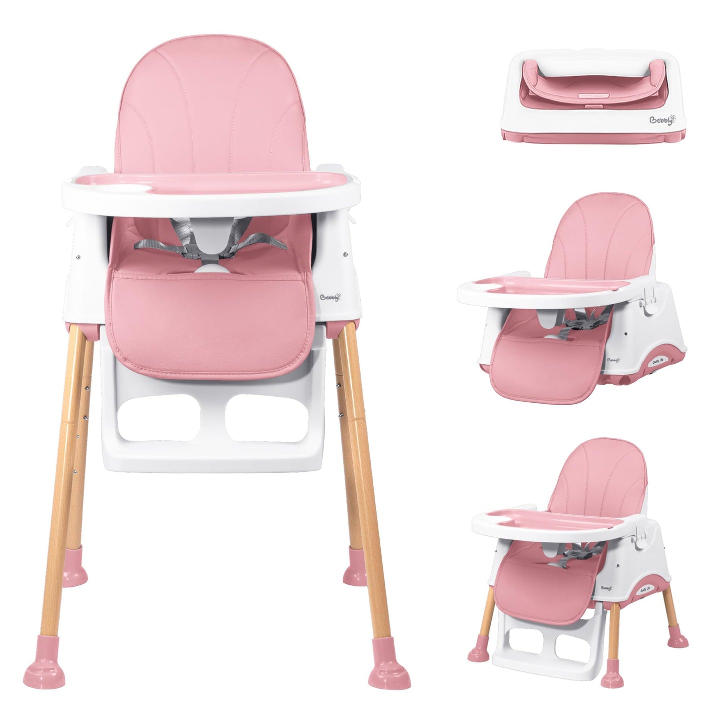 BEBBLY Silla Alta para Bebé con Patas de Madera Antiderrapante Asiento Ergonómico con Charola y Arnés de Seguridad Ideal para Comer o Jugar Niños y Niñas desde 6 Meses Moderna y Fácil de Limpiar