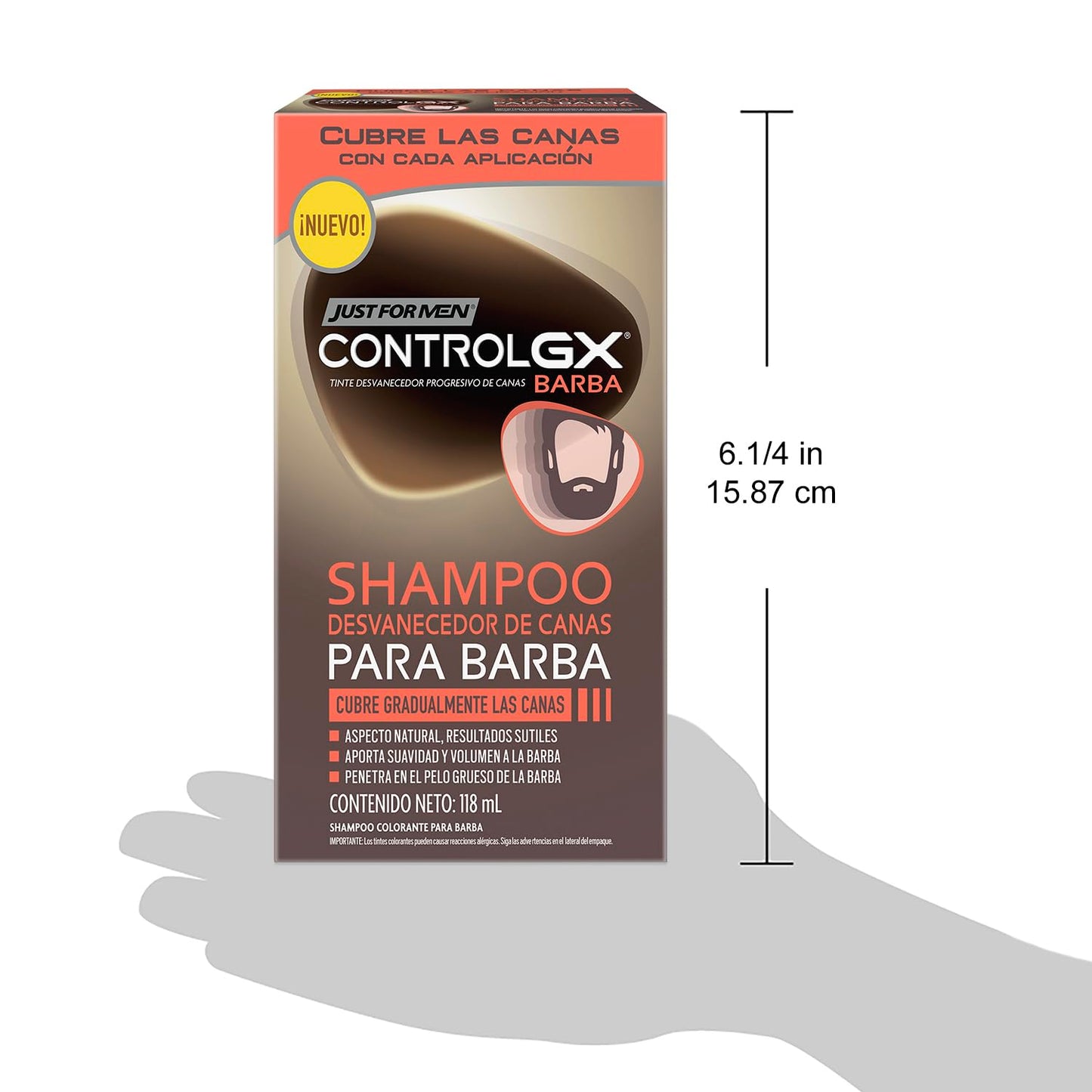 JUST FOR MEN Control GX Shampoo Desvanecedor Progresivo de Canas para Barba y Bigote - Cubre, Mejora y Restaura Color Natural