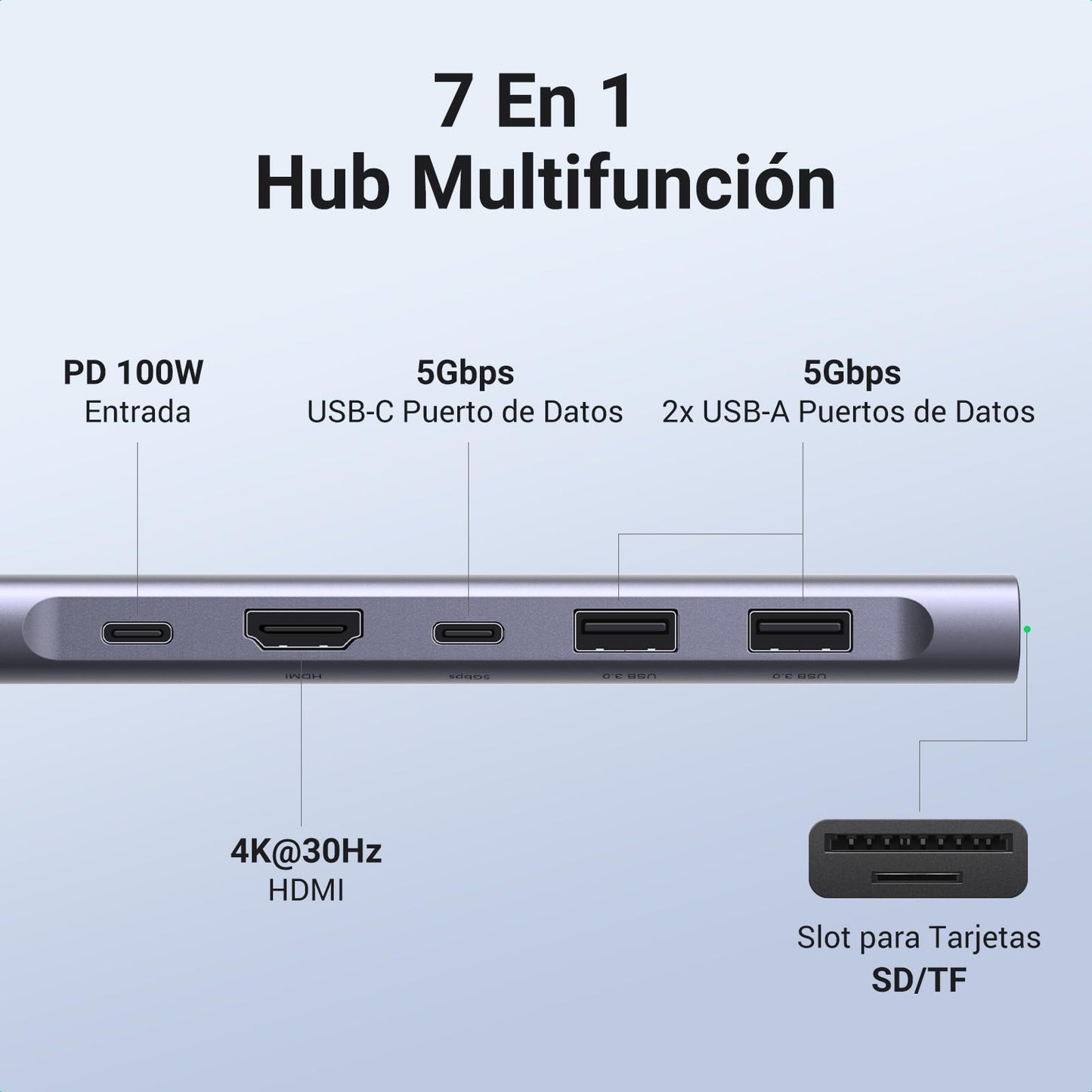Adaptador USB C UGREEN Plateado 7 en 1 con HDMI 4K y Lector de Tarjetas para Macbook y más