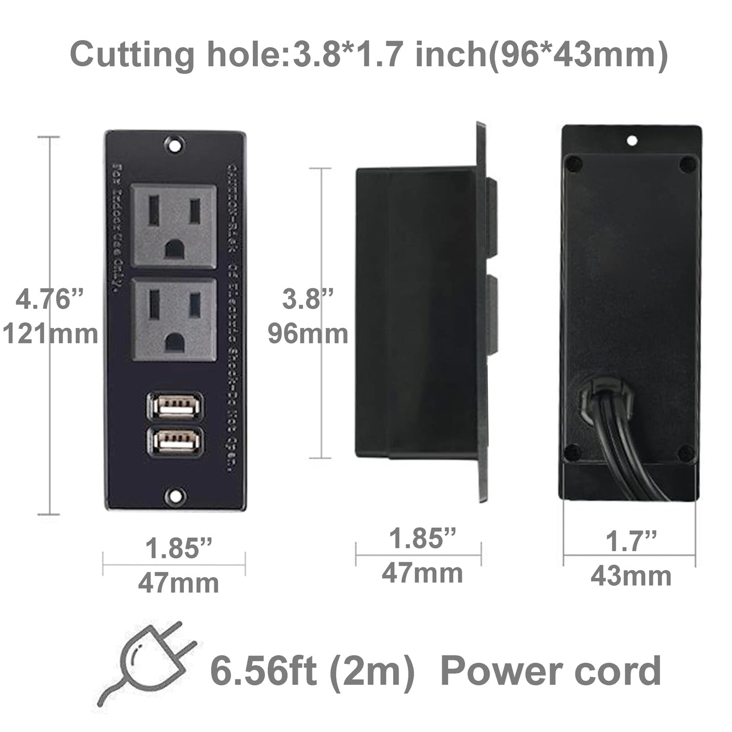 4 LEAF Regleta Empotrada con USB Tira de Alimentación Multicontacto Enchufe 2 Tomas 2 USB Cable Extensión 2 Metros Montaje para Mesa Sofá Gabinete Nightstand Nergo