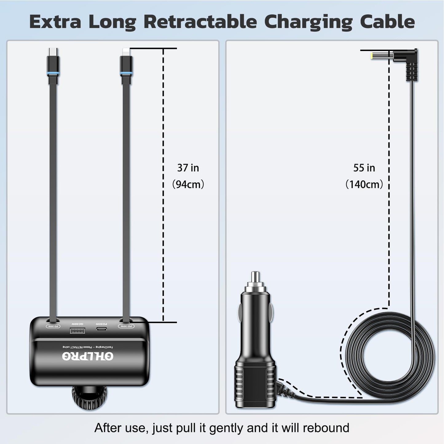 OHLPRO Estación de Carga retráctil para Asiento Trasero para Varios automóviles, Adaptador de Cargador rápido para automóvil de 110 W para Todos los teléfonos, Ideal para Taxi, Uber, Lyft