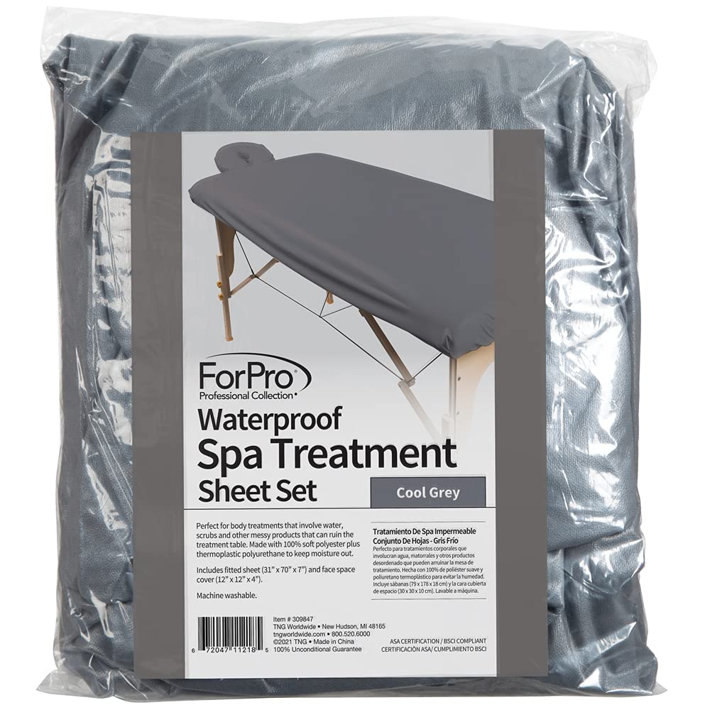ForPro Waterproof SPA Treatment Massage Sheet Set for Massage Tables, Machine-Washable, Includes Fitted Sheet and Face Rest Cover, Cool Grey