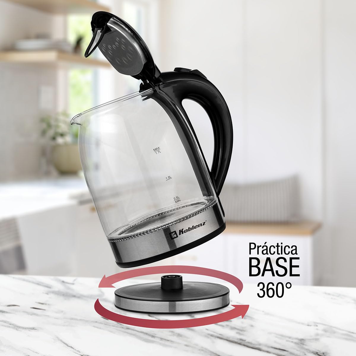 Koblenz Tetera Eléctrica, Hervidor de Agua Eléctrico de 1500 Watts y 1.7 Litros, Filtro Lavable, Base Giratoria de 360°, Luz LED y Apagado Automático, Hierve Agua, Infusiones, Té y Café (TEKM-1500 IN)
