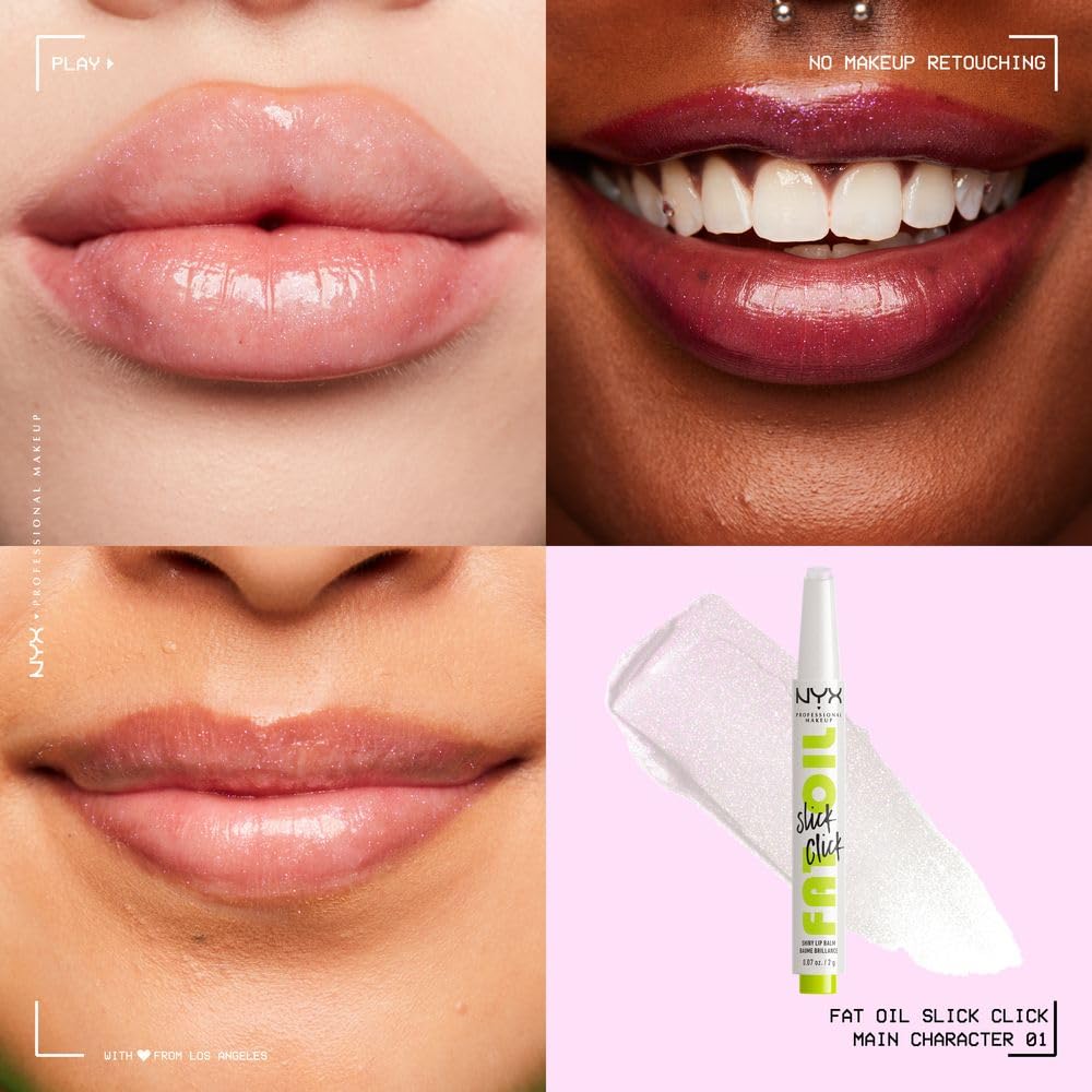 NYX Professional Makeup, Fat Oil Slick Click, 2gr. Tono: Main Character. Brillo de labios en barra, hidrata hasta por 12hrs, sensación no pegajosa, con infusión de aceite de aguacate, frambuesa y zarzamora. Fórmula vegana.