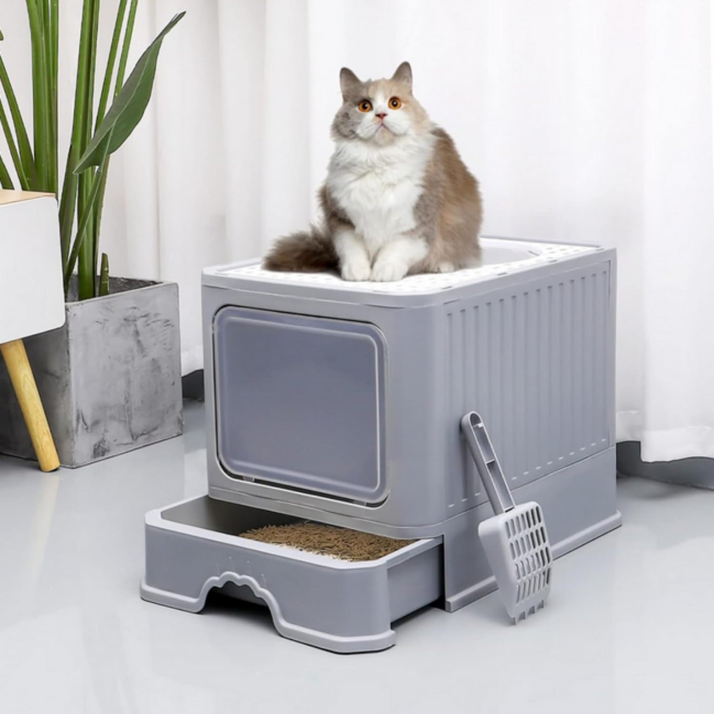Arenero para Gato Cerrada: Removibles Plegable Arenero 50*40*40cm,Gran Caja de Arena para Gatos,Antiolor Prueba de Salpicaduras,Facil de Limpiar,con Puertas y Entradas Cubiertas Incluye Pala (Gris)