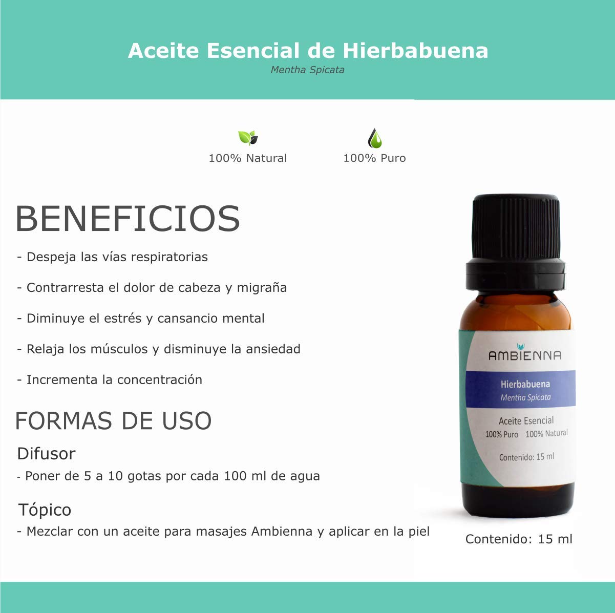 Aceite Esencial Ambienna Hierbabuena 100% Natural y Puro para Difusor o Spa