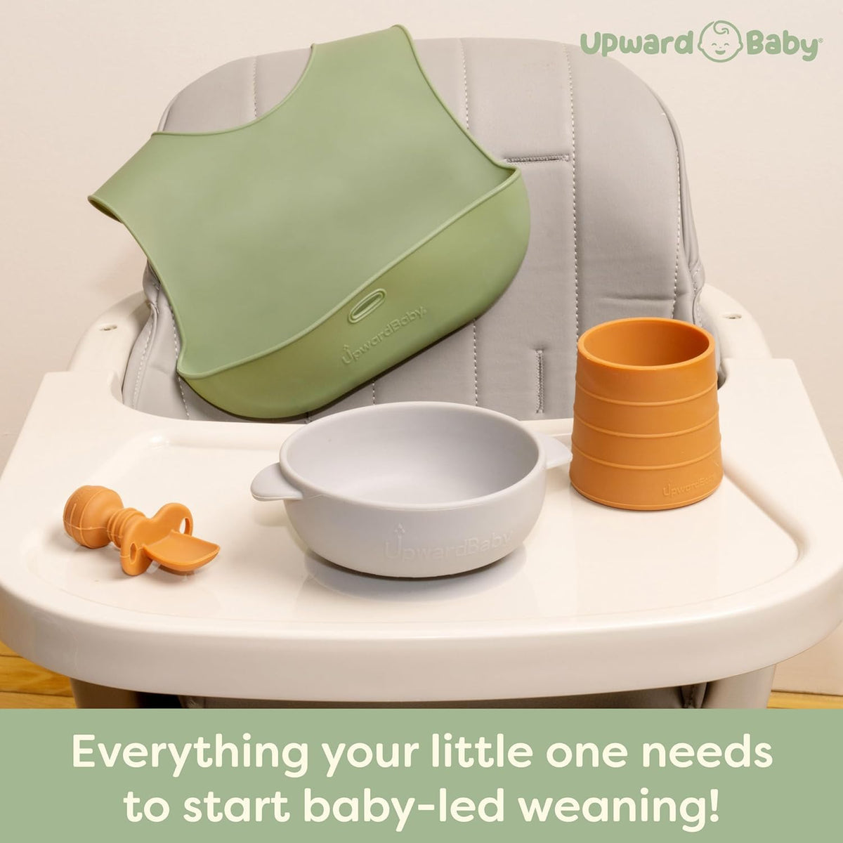Upward Baby Eating Supplies - 6 meses de edad, utensilios de destete LED para bebés de 6 a 12 meses, cuencos de ventosa, platos de bebé, cucharas y tazas para niños pequeños con 3 baberos de silicona, juego de autoalimentación para bebés