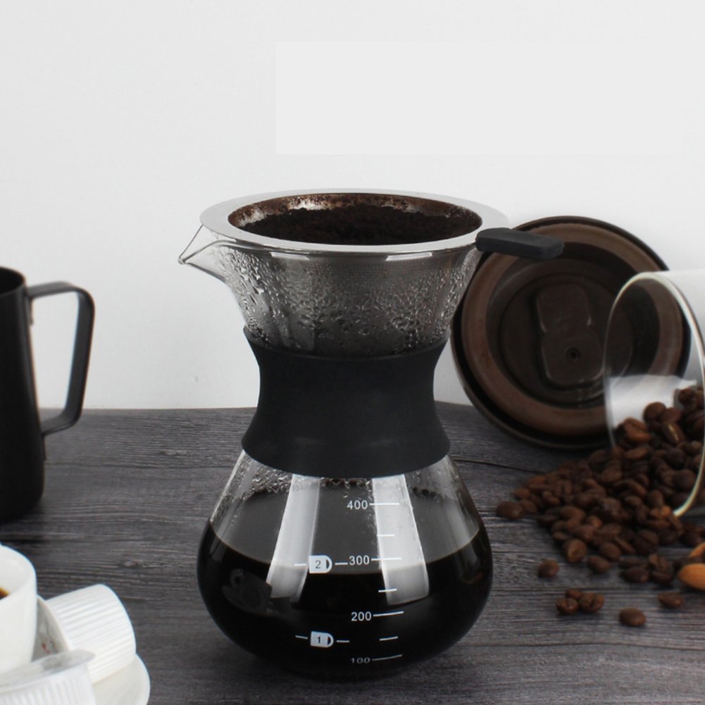 Cafetera, cafetera de Vidrio con Filtro Permanente de Acero Inoxidable.Cafetera Manual Dripper 400ml