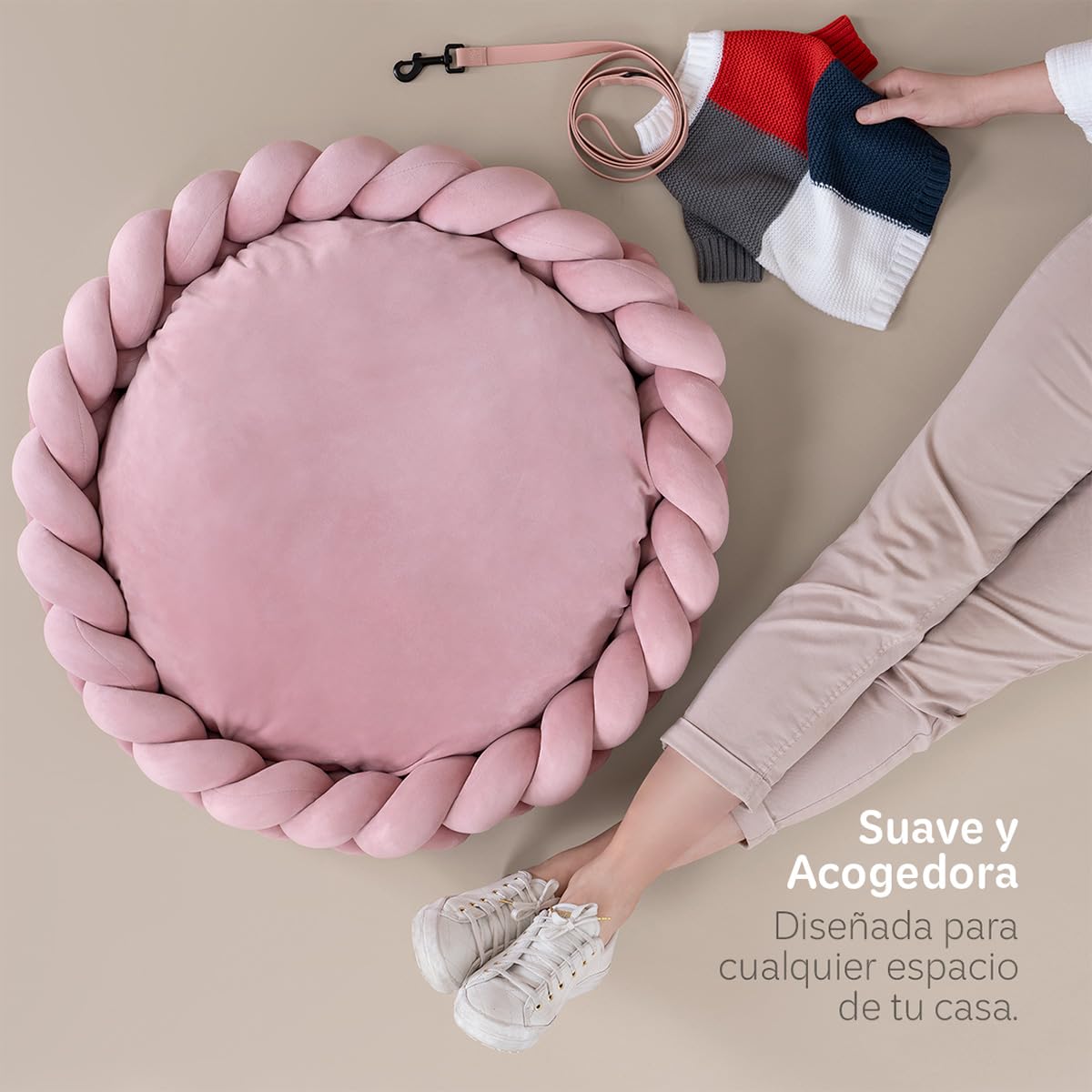 Cama Redonda para Perro y Gato Esquimal Rosa Trenzada Antiestrés Mediana Lavable