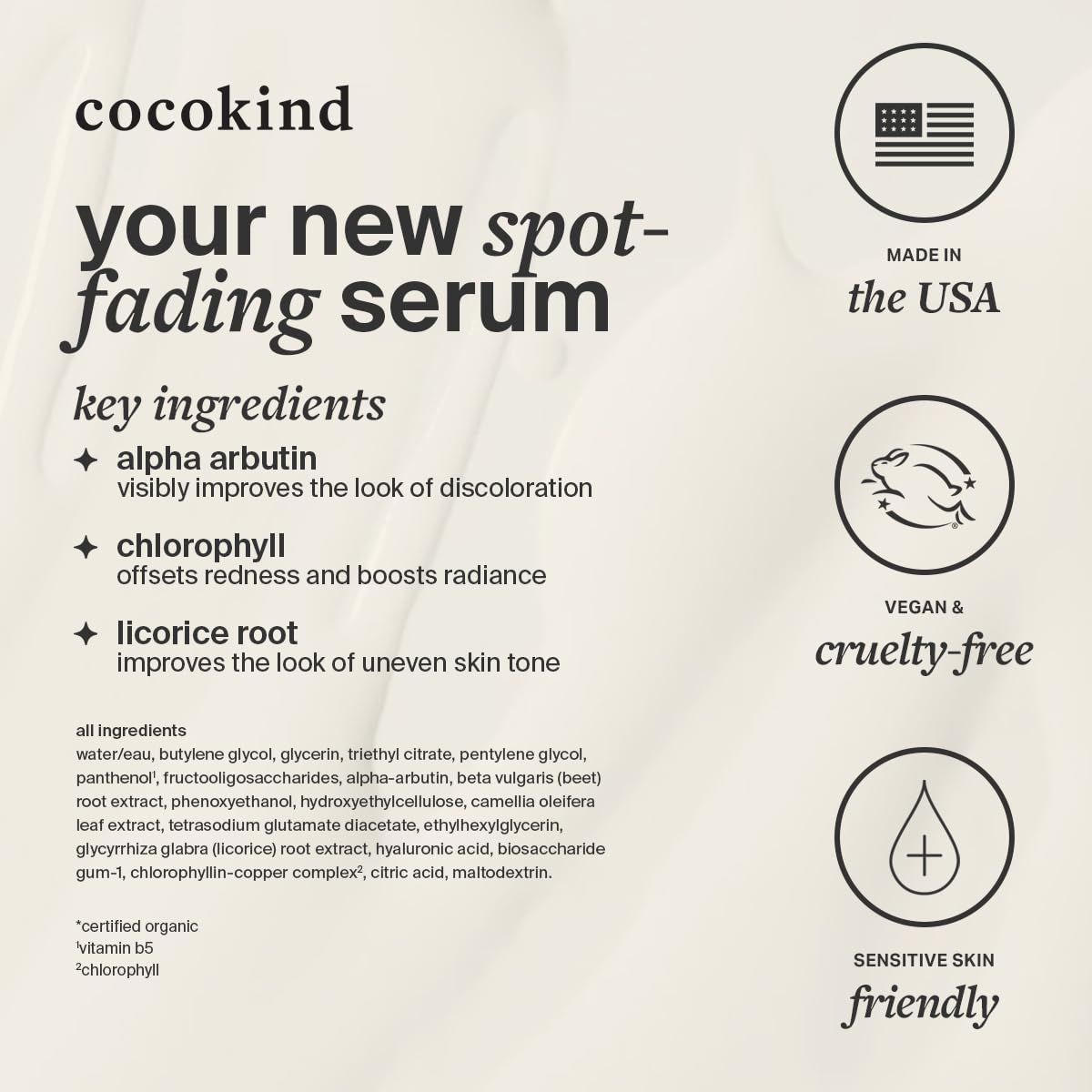 Cocokind Suero Decoloración de Clorofila, Suero Descolorante de Manchas Amistoso para La Piel Sensible para Apuntar Manchas, Tono Irregular, y Enrojecimiento, 1 Oz Fl