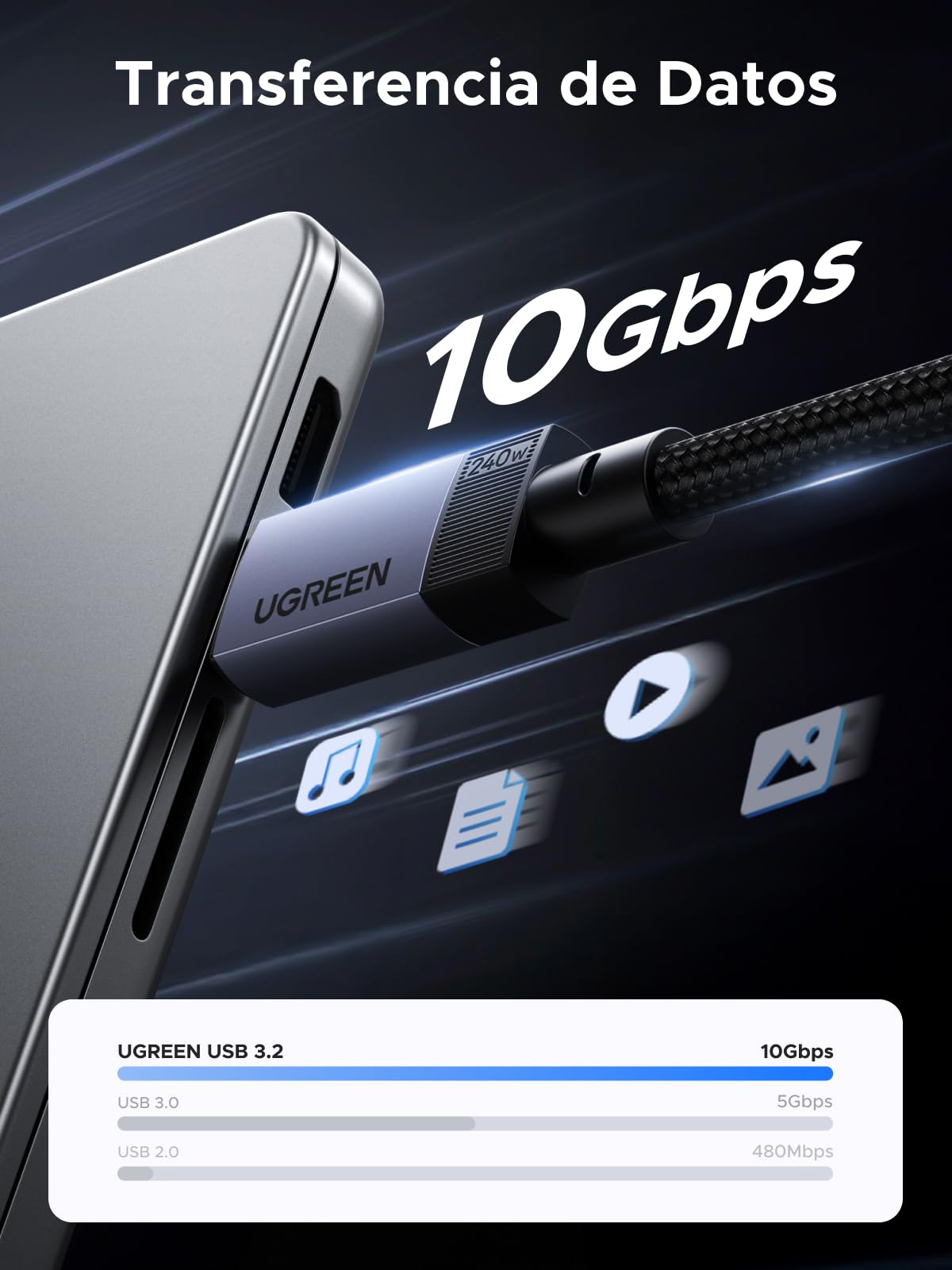 Cable de Datos UGREEN USB C Negro 240W Carga Rápida PD 3.1 10Gbps 4K 60Hz 1M