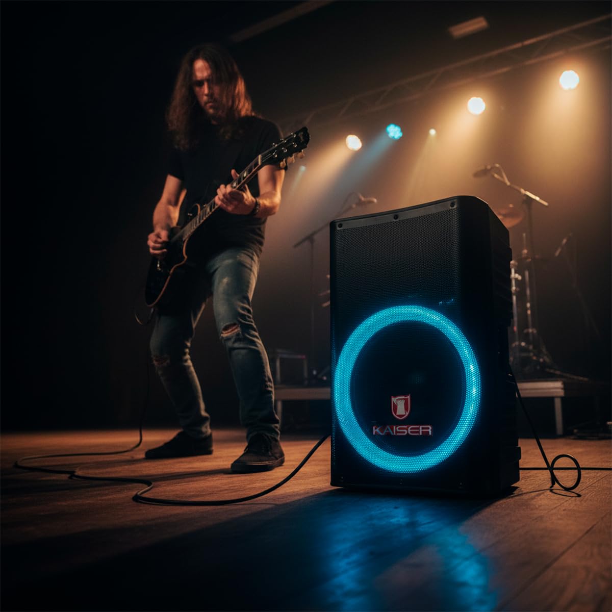 Kaiser Bafle Profesional Altavoz de 15 Pulgadas Circle Light, 20000 W PMPO, 50 W RMS, con Bluetooth, FM, USB, Micro SD, Entrada AUX, Micrófono con Cable, Control Remoto MSA-9716
