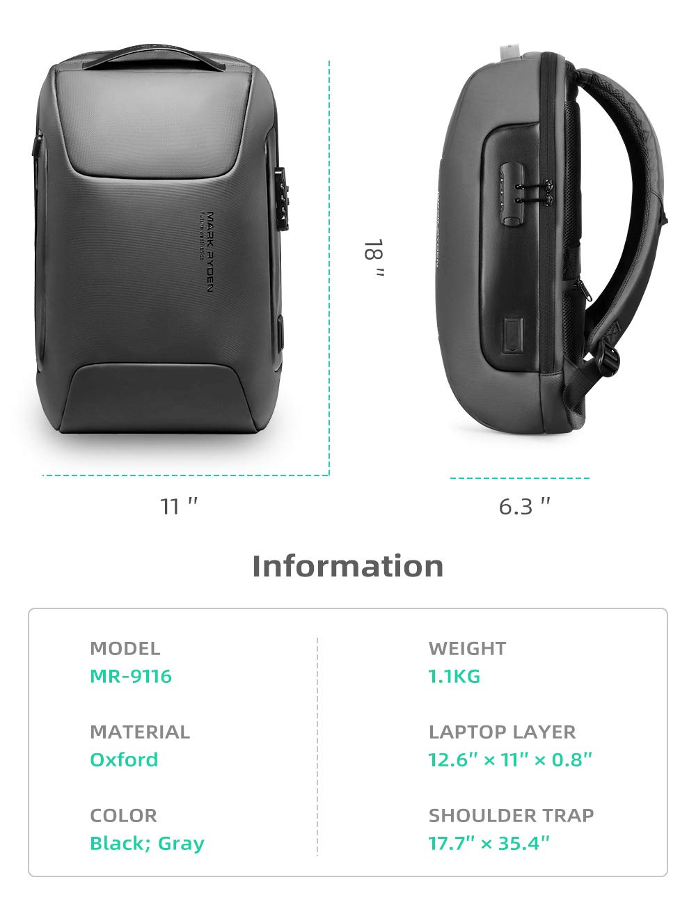 Mochila MARK RYDEN gris resistente al agua con puerto USB y bloqueo TSA para laptop de 15.6 pulgadas para hombre