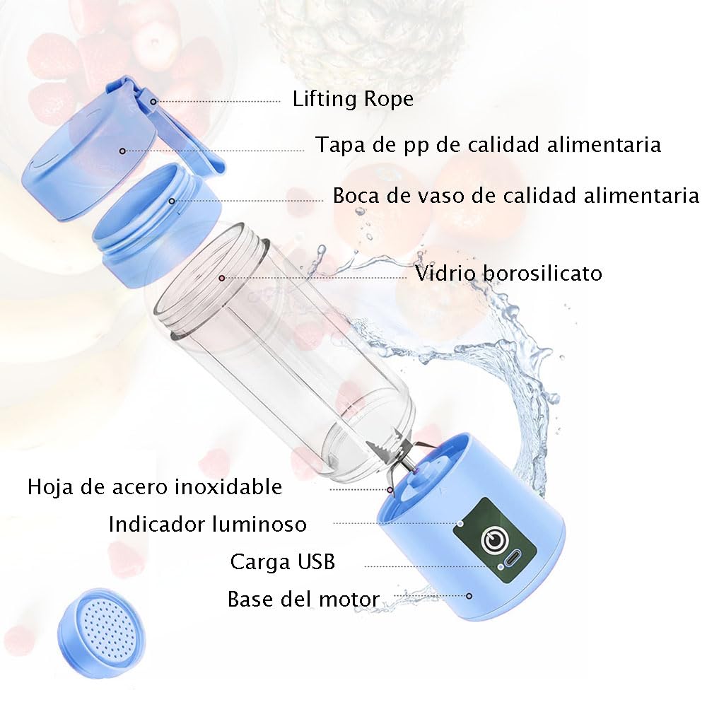 Batidora portátil, 150 watt para batidos y smoothies, 400 ml batidora de viaje recargable por USB, botella sin BPA (Con Cepillo Esponja Rosa*1 + Ice Lattice*1)