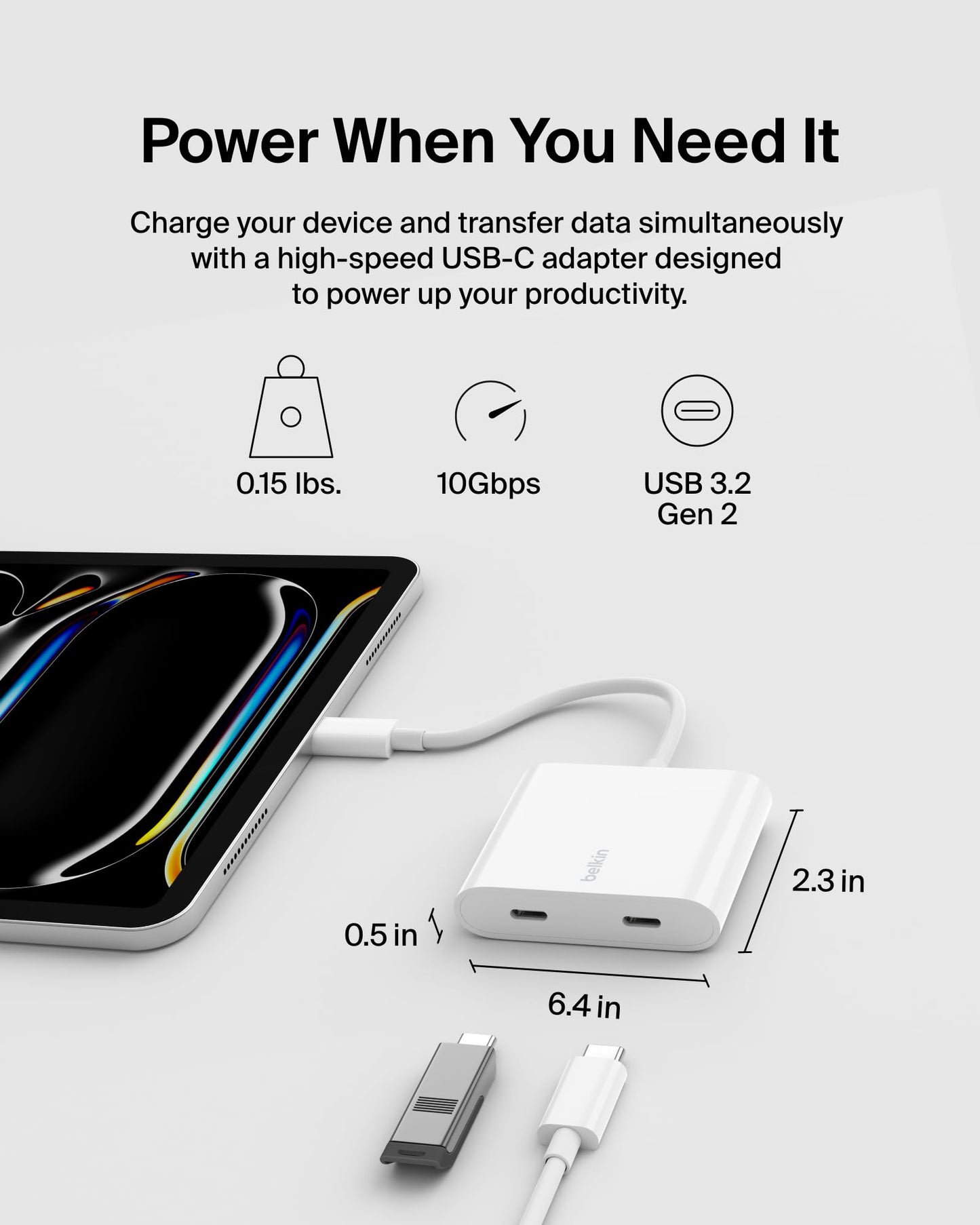 Belkin Connect USB-C Power & Data Splitter, concentrador de Doble Puerto con 1 Puerto USB-C 3.2 Gen2 y 1 Puerto PD de 100 W para Carga simultánea y Transferencia de Datos para iPhone, iPad, Nintendo