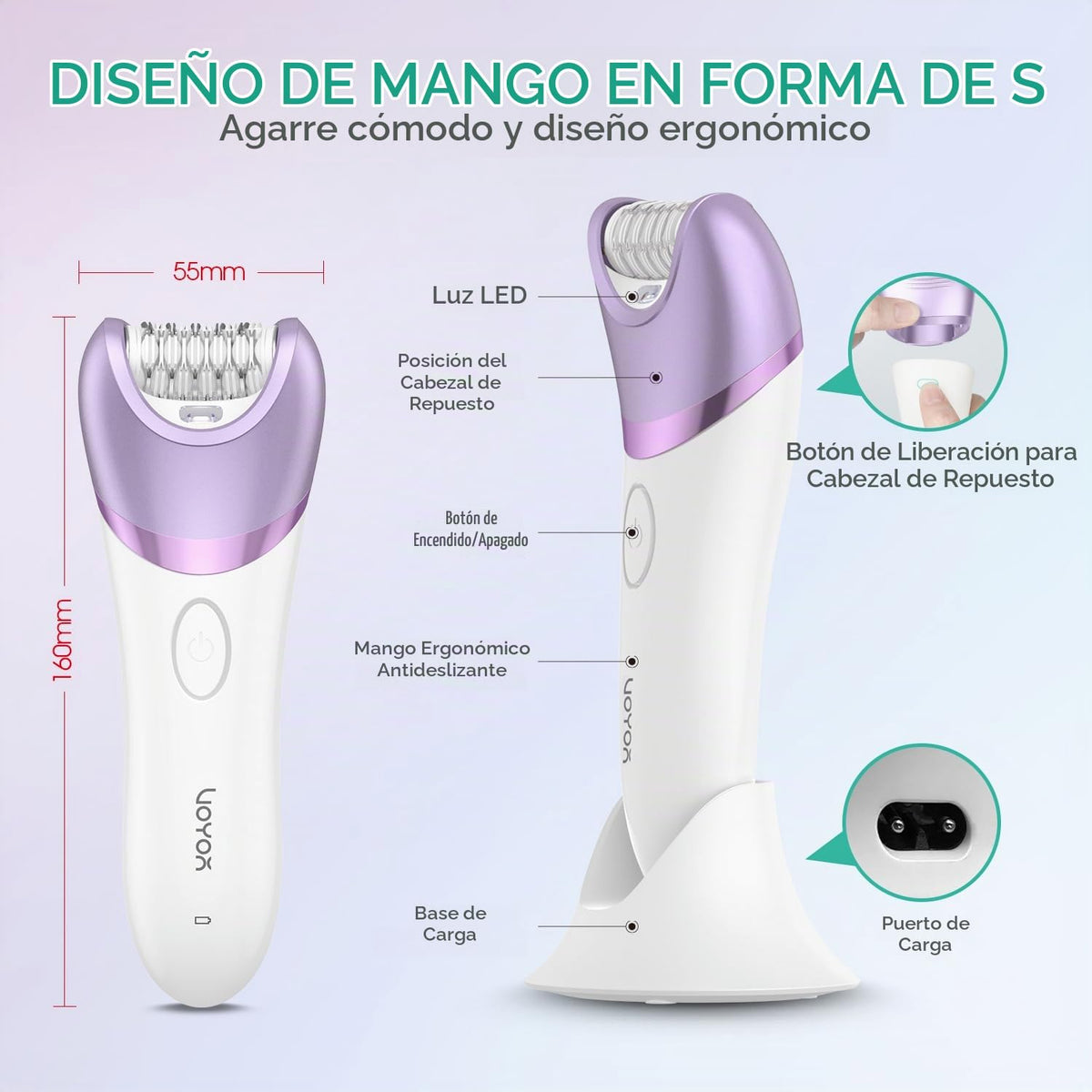 VOYOR Depiladora para Mujeres, Inalámbrica y Recargable, Depiladora con 30 Pinzas, Depiladoras 3 en 1 con Afeitadora Eléctrica y Lima para Pies, Dispositivo de Depilación para Brazo y Pierna BM300