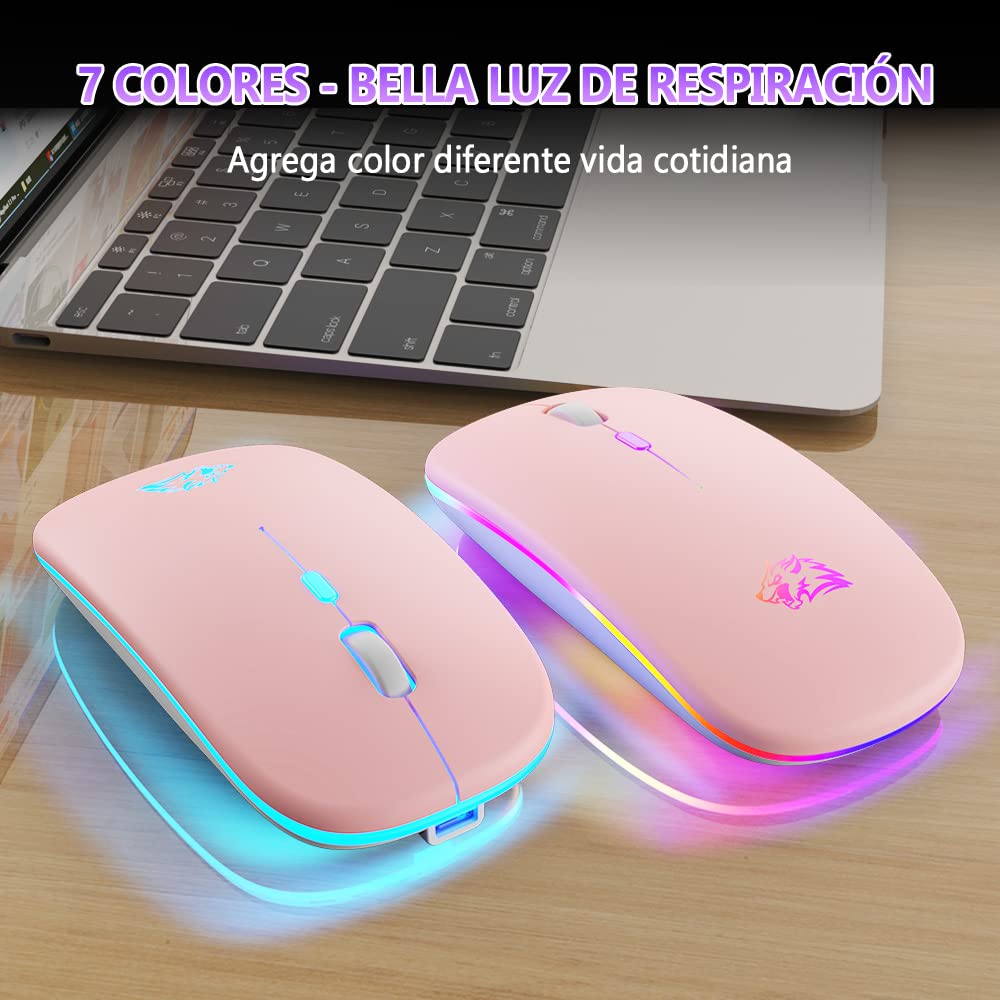 Free wolf X15 Mouse Inalámbrico, Mouse Bluetooth y 2.4GHz Modos Dual Recargable y Ergonómico, Click Silencioso con Receptor USB 3 Ajustable dpi Ratón para Computadora, Portátil, PC, Mac (Rosa)