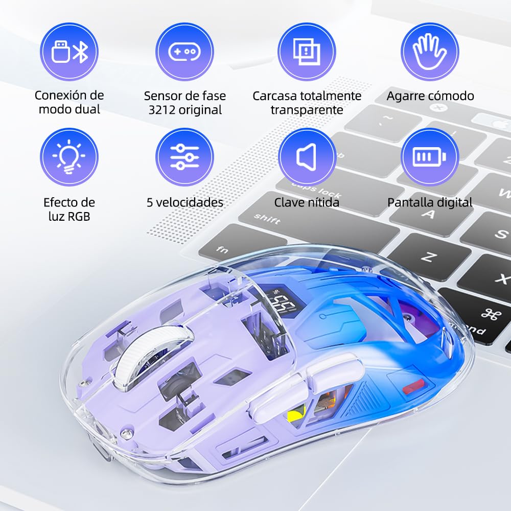 Free Wolf Mouse Inalámbrico A2, Bluetooth y 2.4GHZ Dual Modos, Ratón Recargable con Pantalla de Batería, 4000DPI Ajustable Transparente RGB Mouse Gamer
