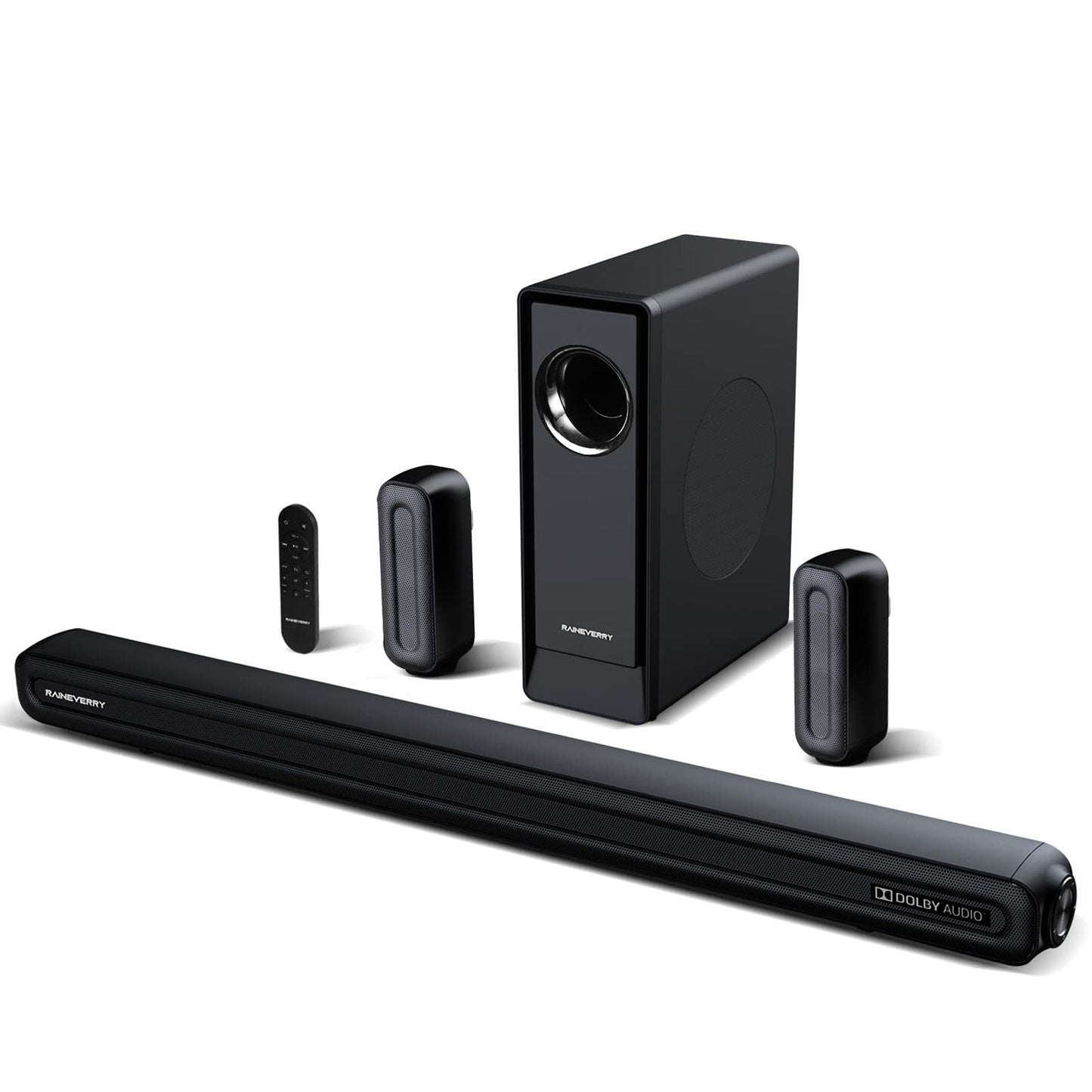 Barra de sonido envolvente de 5.1 CH con audio Dolby, barras de sonido para TV, subwoofer inalámbrico y altavoz trasero, Dolby Digital Plus, Bluetooth 5.0, sistema de sonido envolvente para cine en casa, televisores 4K y HD | HDMI y óptico